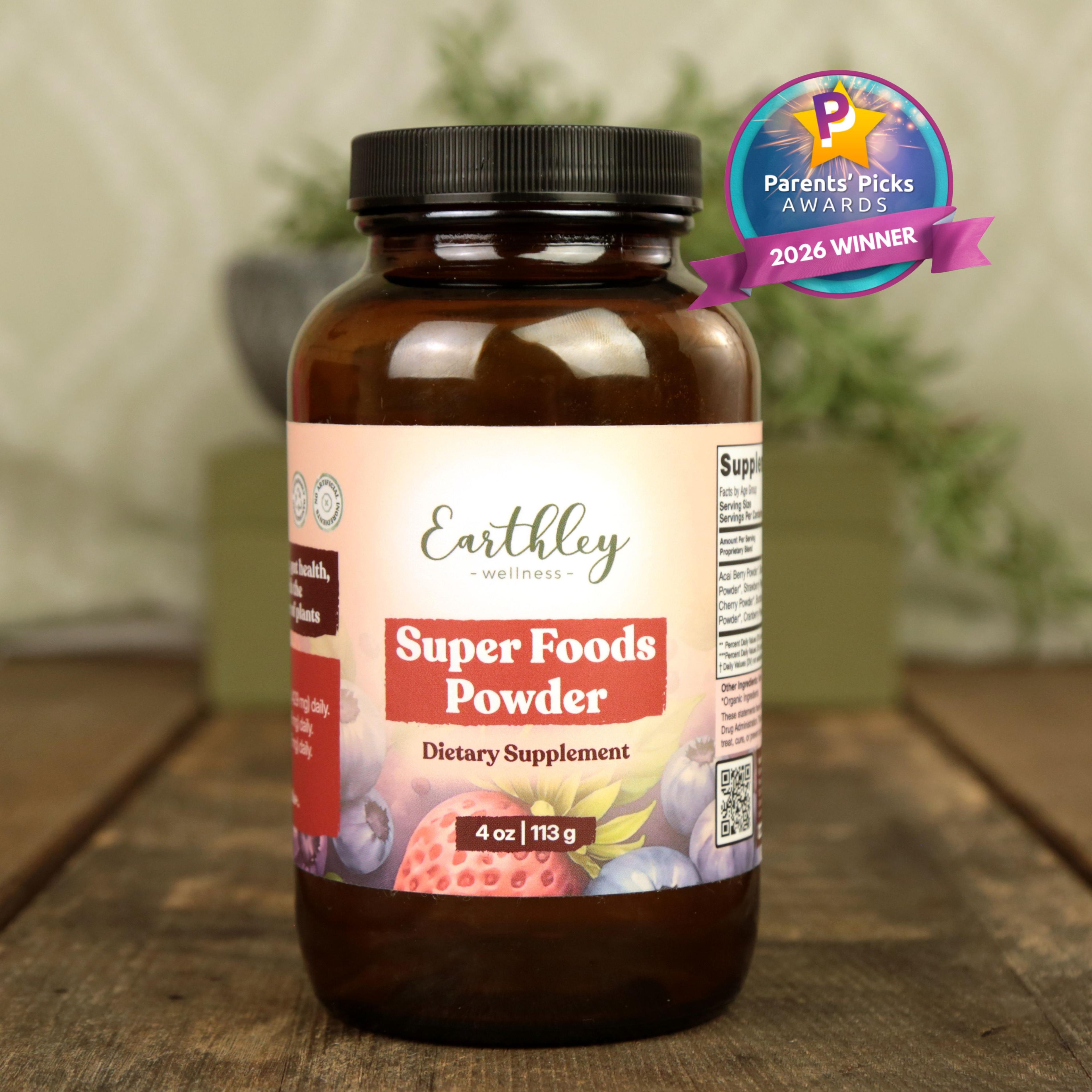 Earthley Wellness Super Foods Powder supplement jar with Parents' Picks 2026 Winner award badge on wooden surface