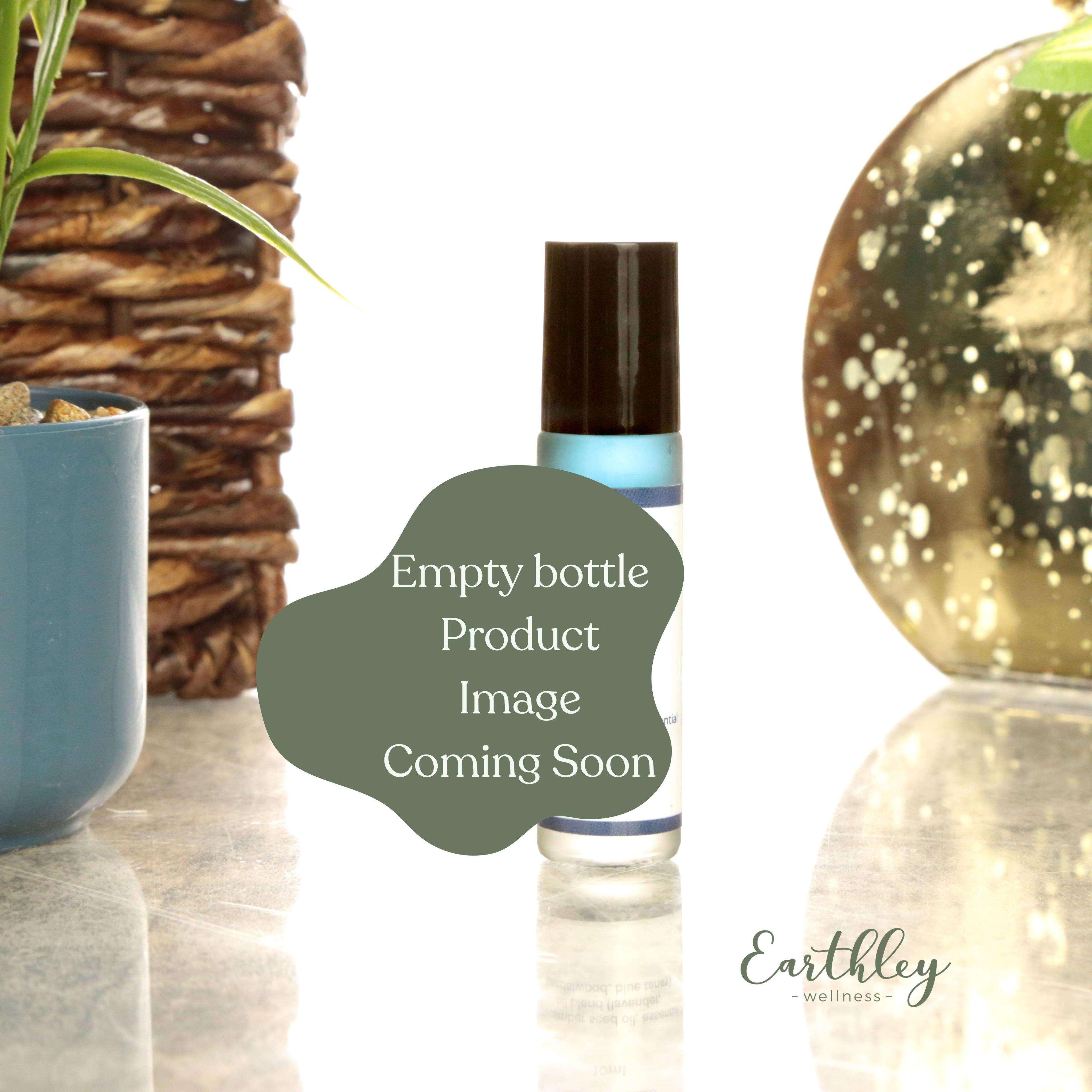 Earthley 10ml roller bottle in clear glass with black cap and blue band showing Empty Bottle Product Image Coming Soon overlay with decorative background