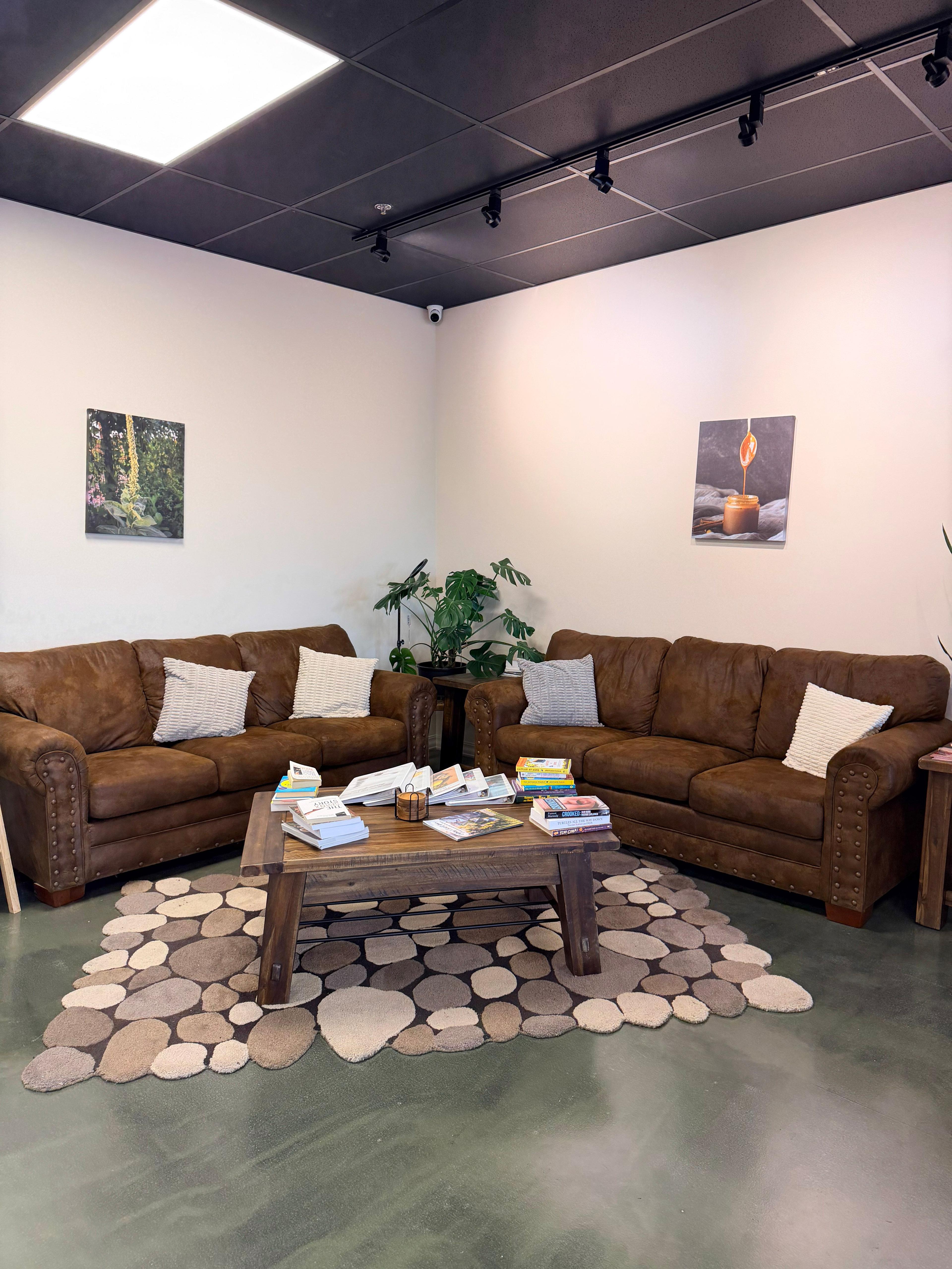 Cozy wellness lounge with brown sofas, health books, and herbal wall art