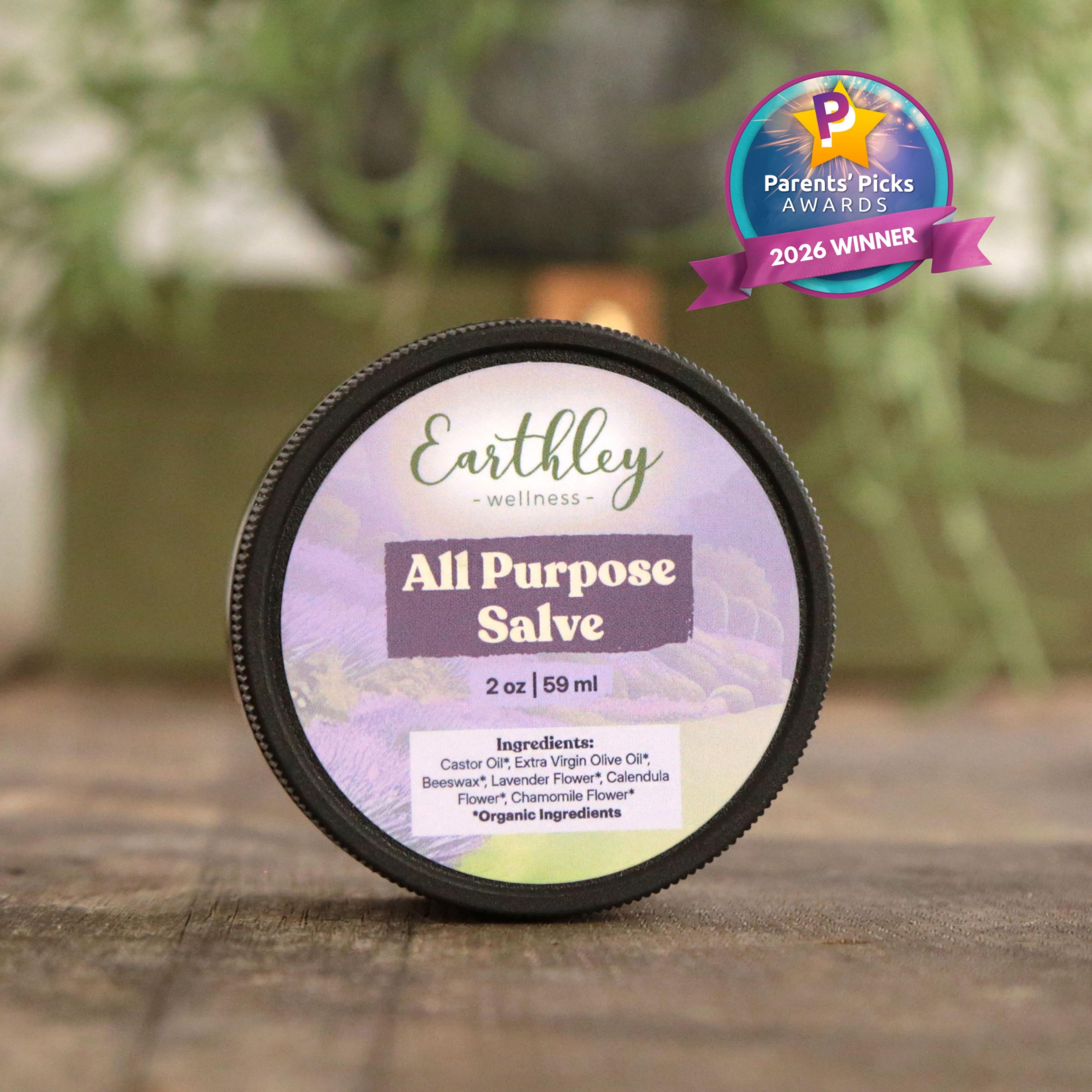 Earthley Wellness All Purpose Salve 2oz jar with purple label showing organic ingredients, featuring Parents' Picks Awards 2026 Winner badge
