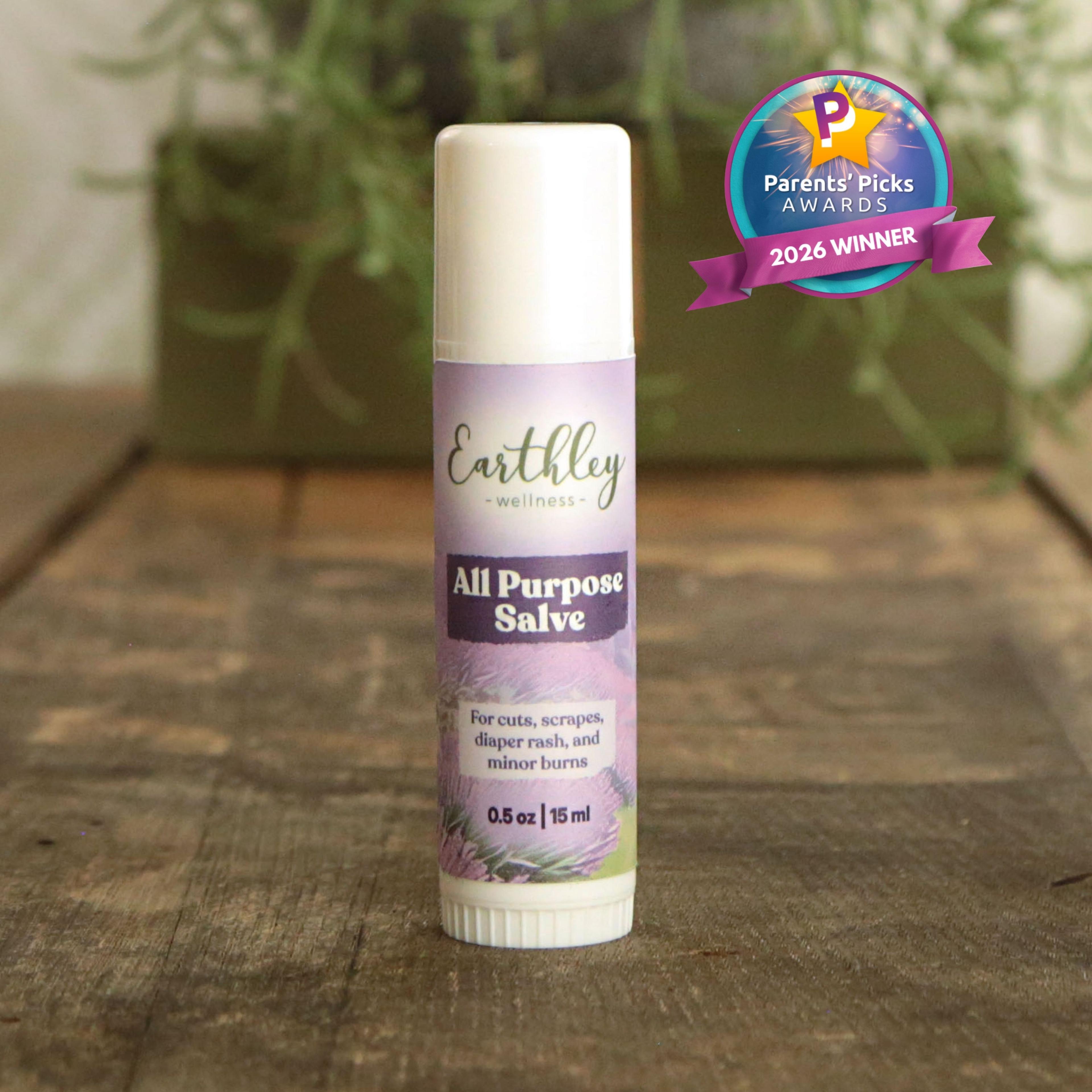 Earthley All Purpose Salve tube with purple label on wooden surface, featuring Parents' Picks Awards 2026 Winner badge