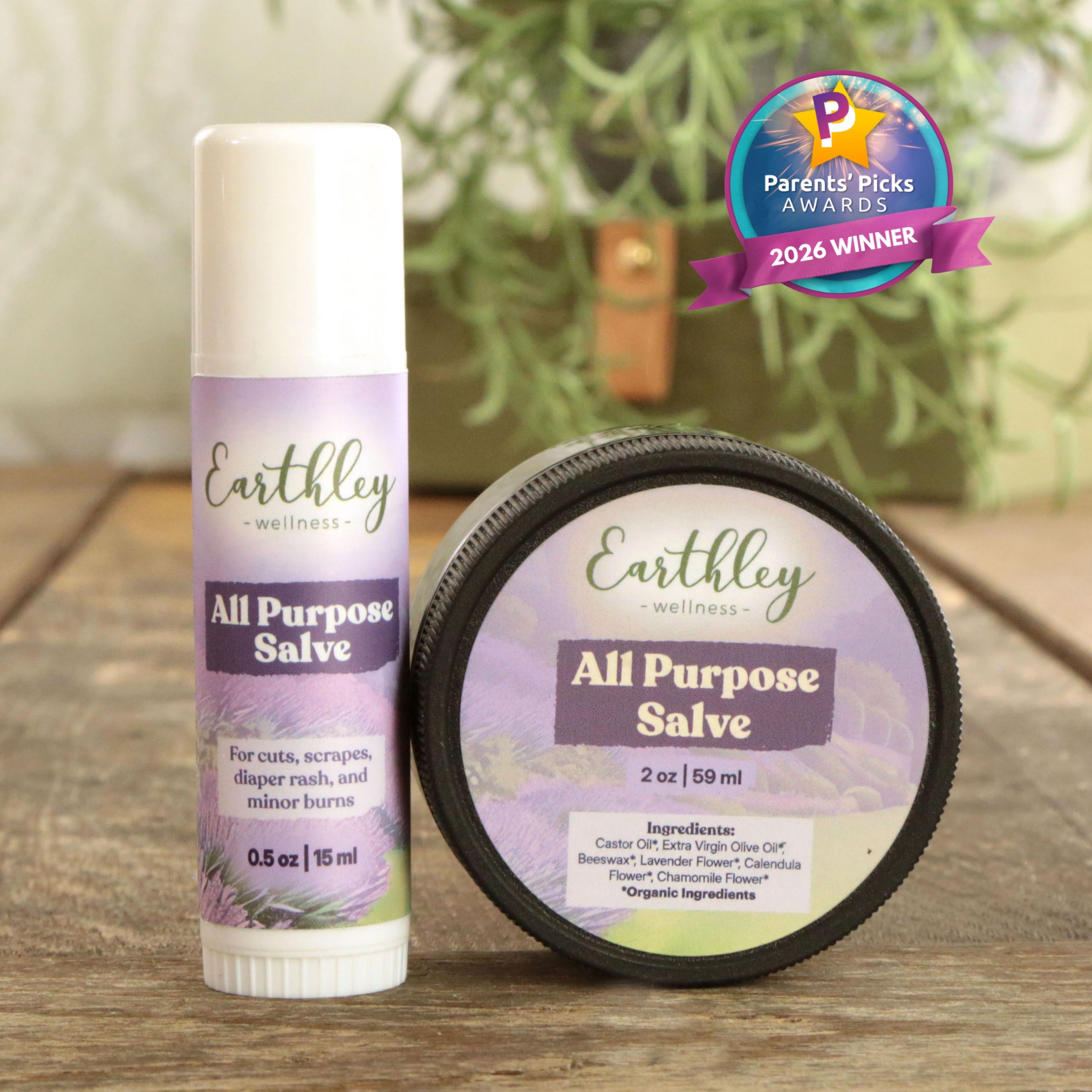 Earthley All Purpose Salve stick and tin with purple lavender labels, Parents' Picks 2026 Winner award badge