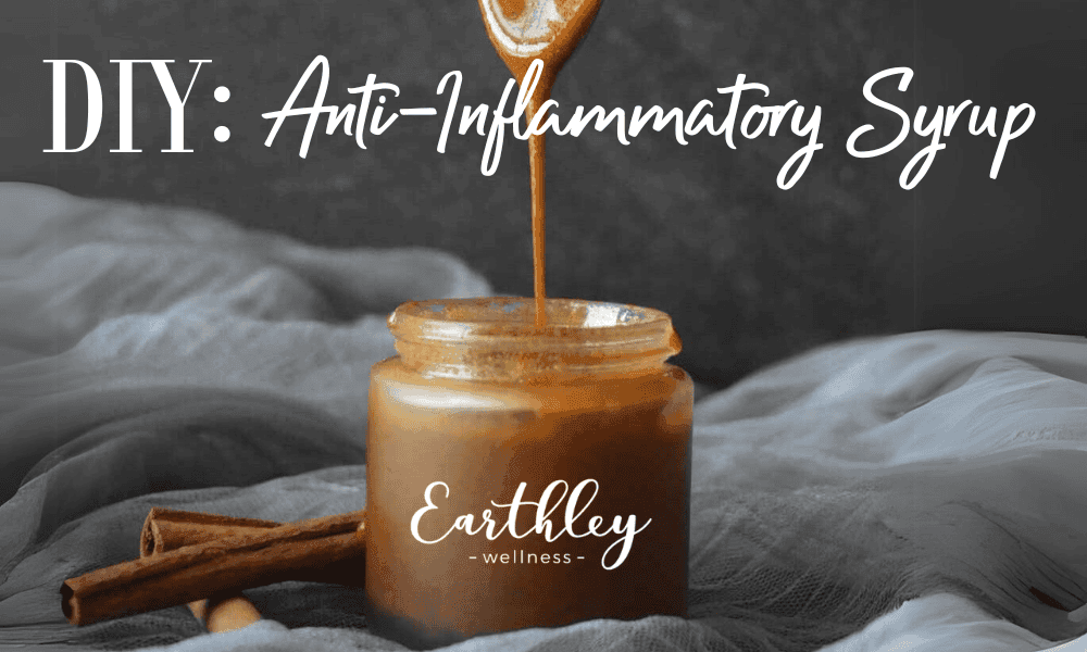 DIY graphic for Anti-Inflammatory Syrup showing amber syrup dripping from spoon into glass jar