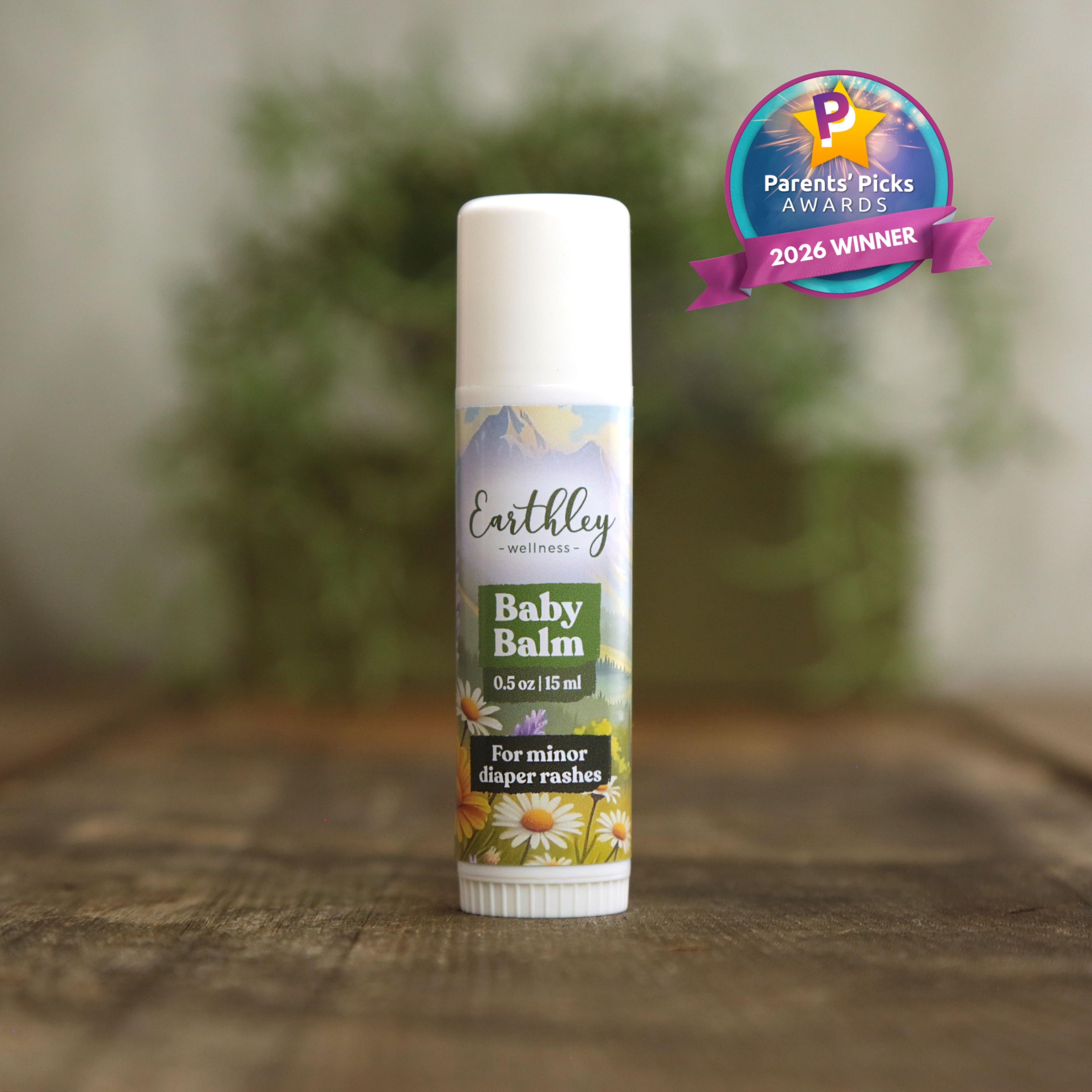 Earthley Wellness Baby Balm tube with floral design and Parents' Picks Awards 2026 Winner badge