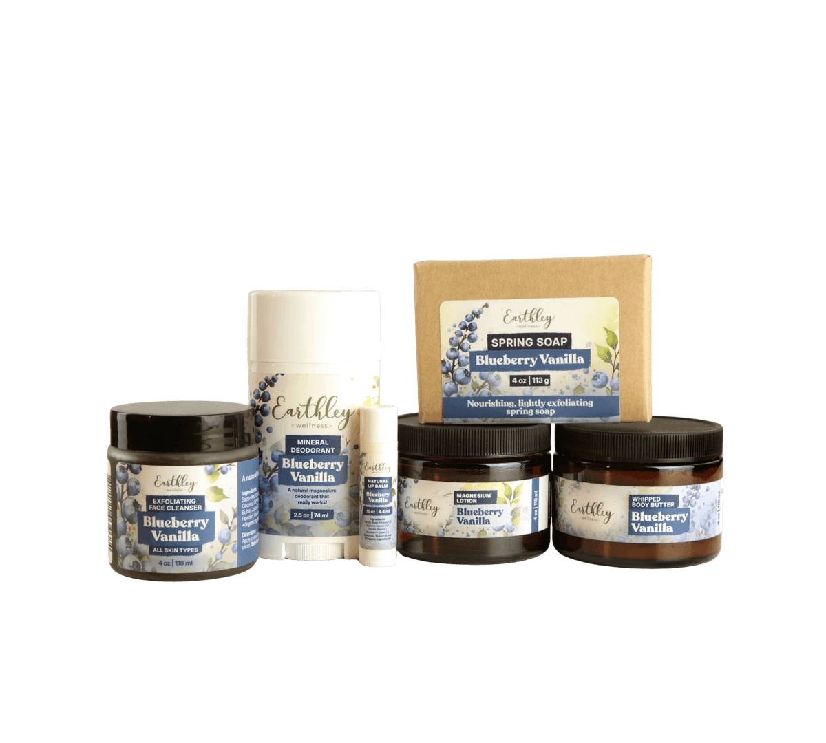 Earthley Blueberry Vanilla skincare collection featuring face cleanser, deodorant, soap, magnesium lotion, and body butter