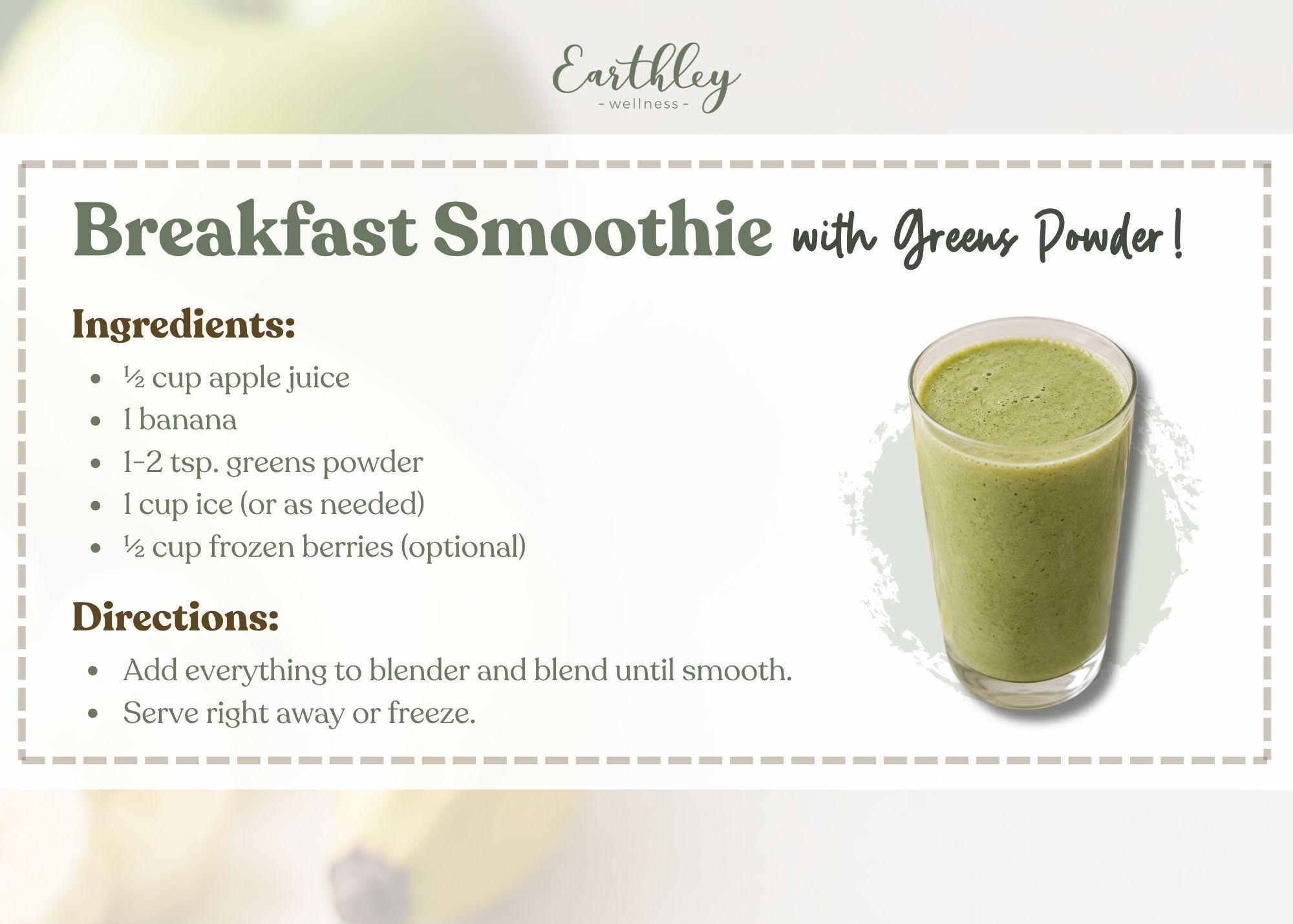 Green smoothie recipe card with ingredients list and tall glass of blended breakfast smoothie with greens powder