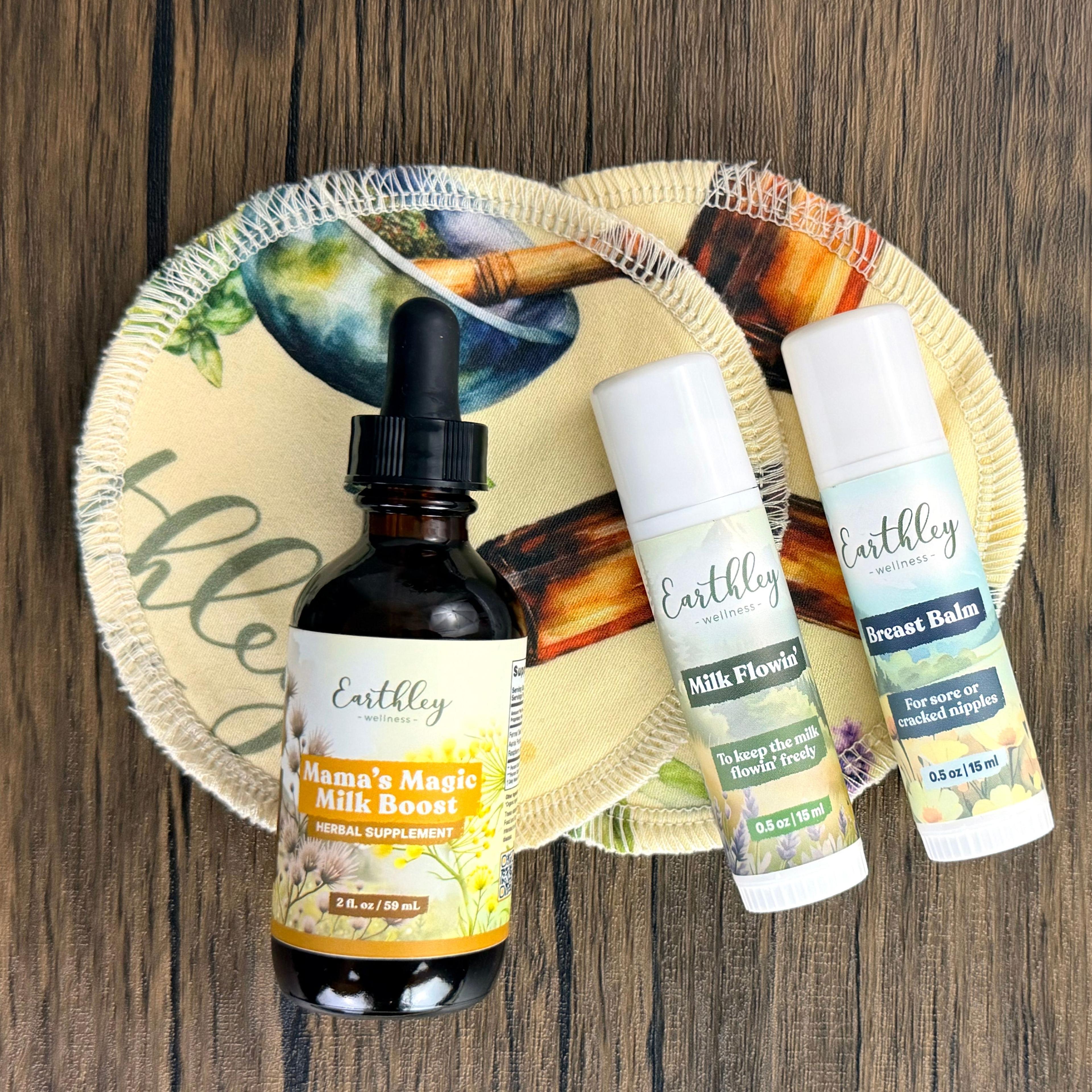 Earthley breastfeeding bundle: Mama's Magic Milk Boost tincture, Milk Flowin', and Breast Balm with nursing pads.