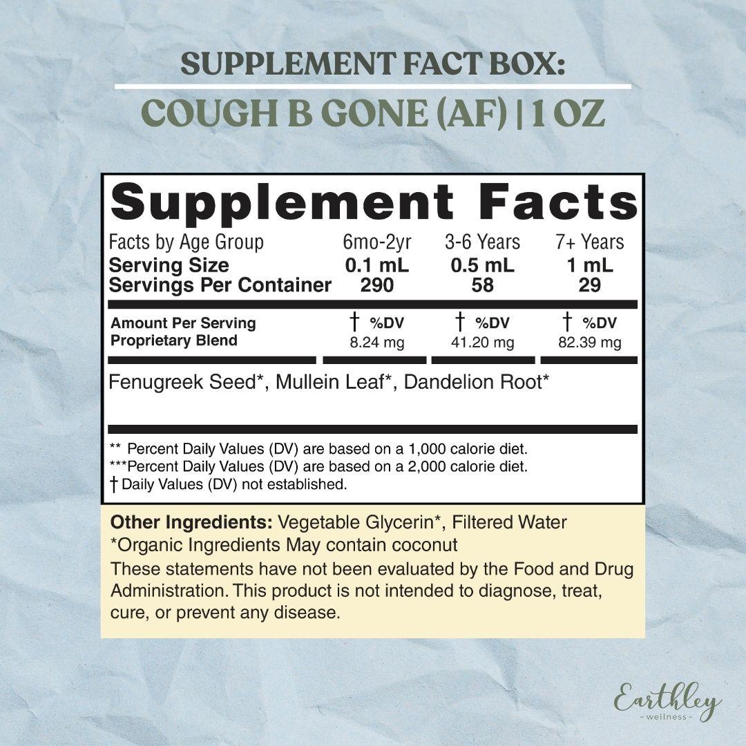 Cough B Gone supplement facts panel showing age-based dosing and herbal ingredients.