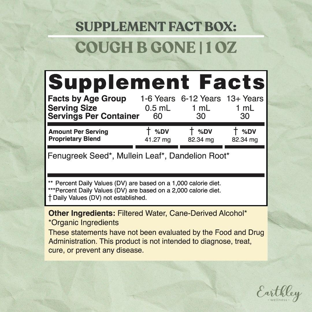 Cough B Gone 1oz supplement facts label with herbal blend dosing by age group