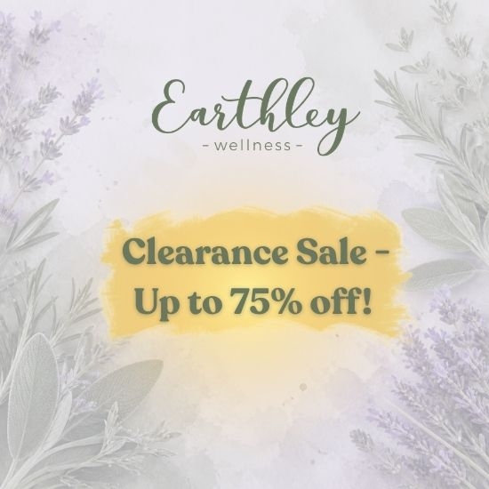 Earthley Wellness clearance sale promotional graphic: up to 75% off, with lavender and herb botanicals.