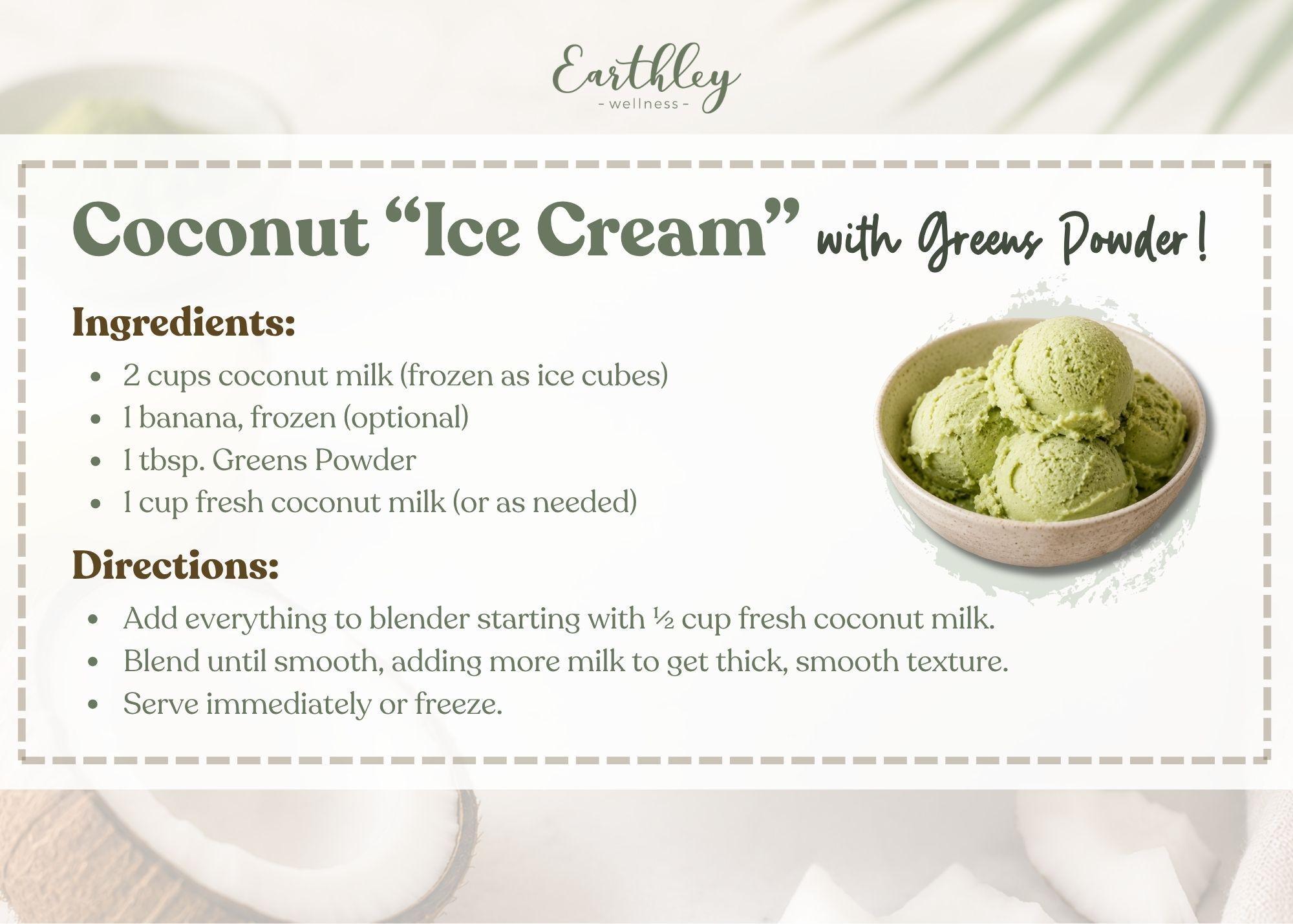Coconut ice cream recipe card with greens powder, featuring green scoops in wooden bowl and ingredient list