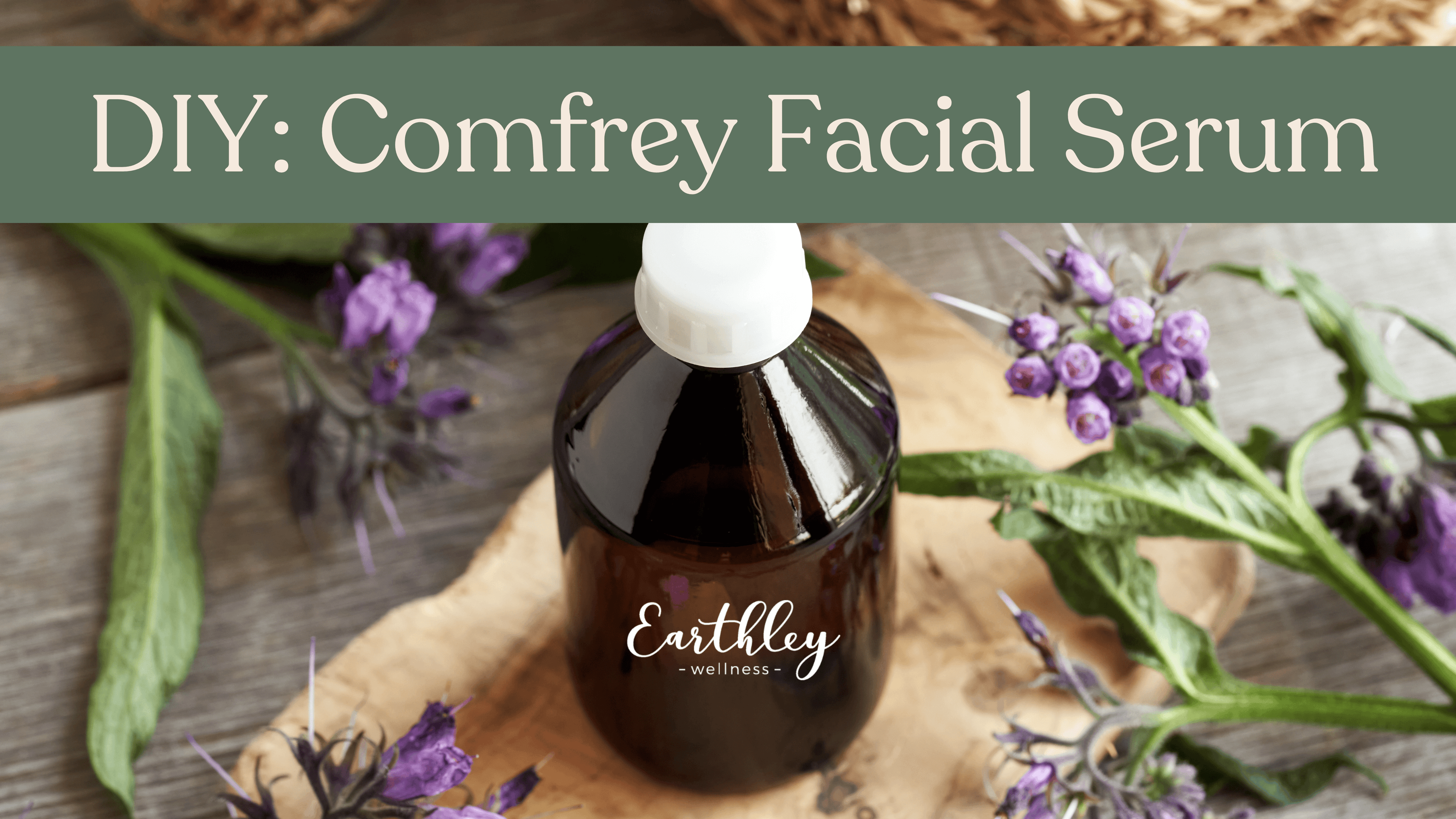Earthley Comfrey Facial Serum 1oz amber dropper bottle with golden serum for deep skin healing and nourishment