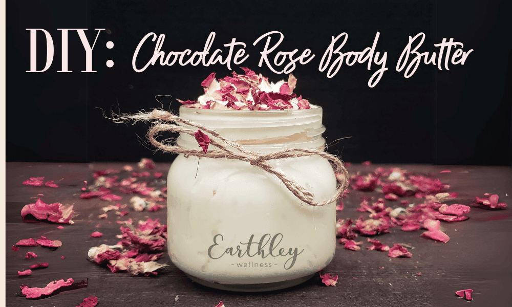 DIY graphic for Chocolate Rose Body Butter in mason jar surrounded by dried pink rose petals