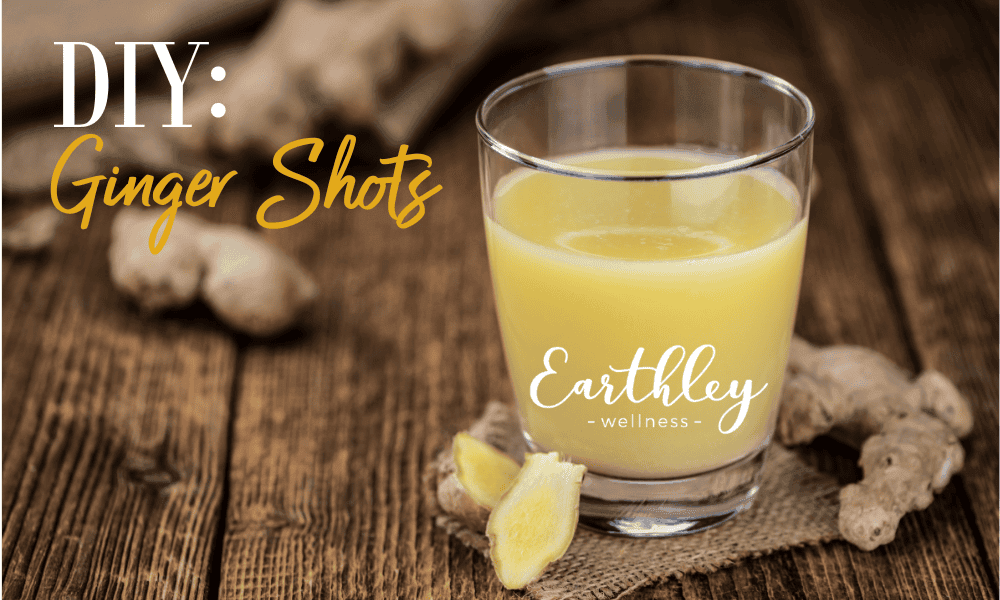 DIY graphic for Ginger Shots showing yellow ginger juice in glass with fresh ginger root and lemon