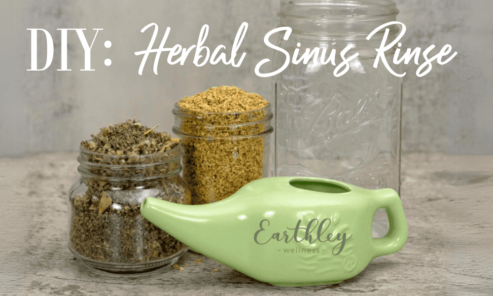 DIY graphic for Herbal Sinus Rinse with green ceramic neti pot and glass jars of dried herbs