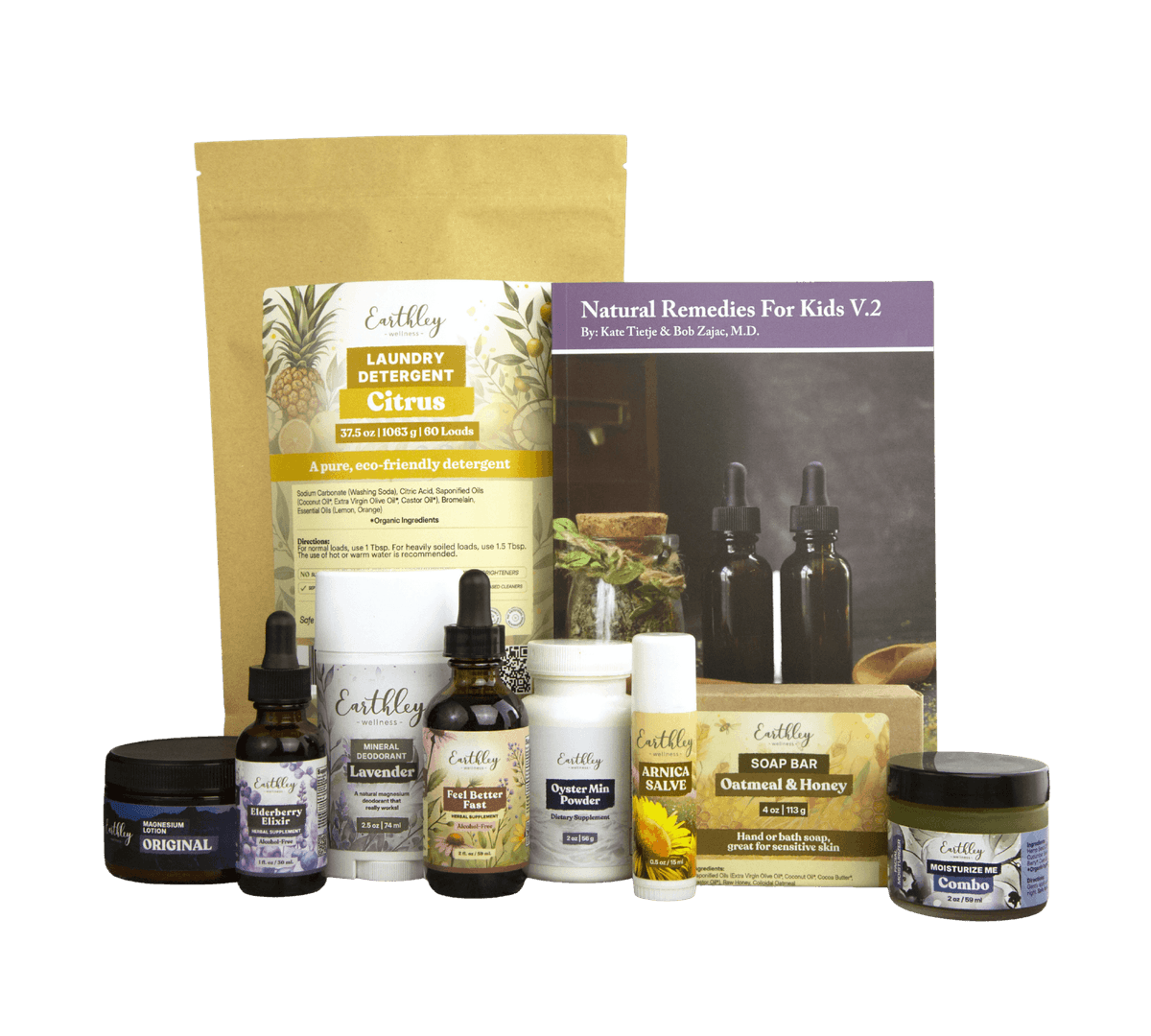 Collection of Earthley natural wellness products including tinctures, salves, soap bars, and citrus laundry detergent with herbal remedy book