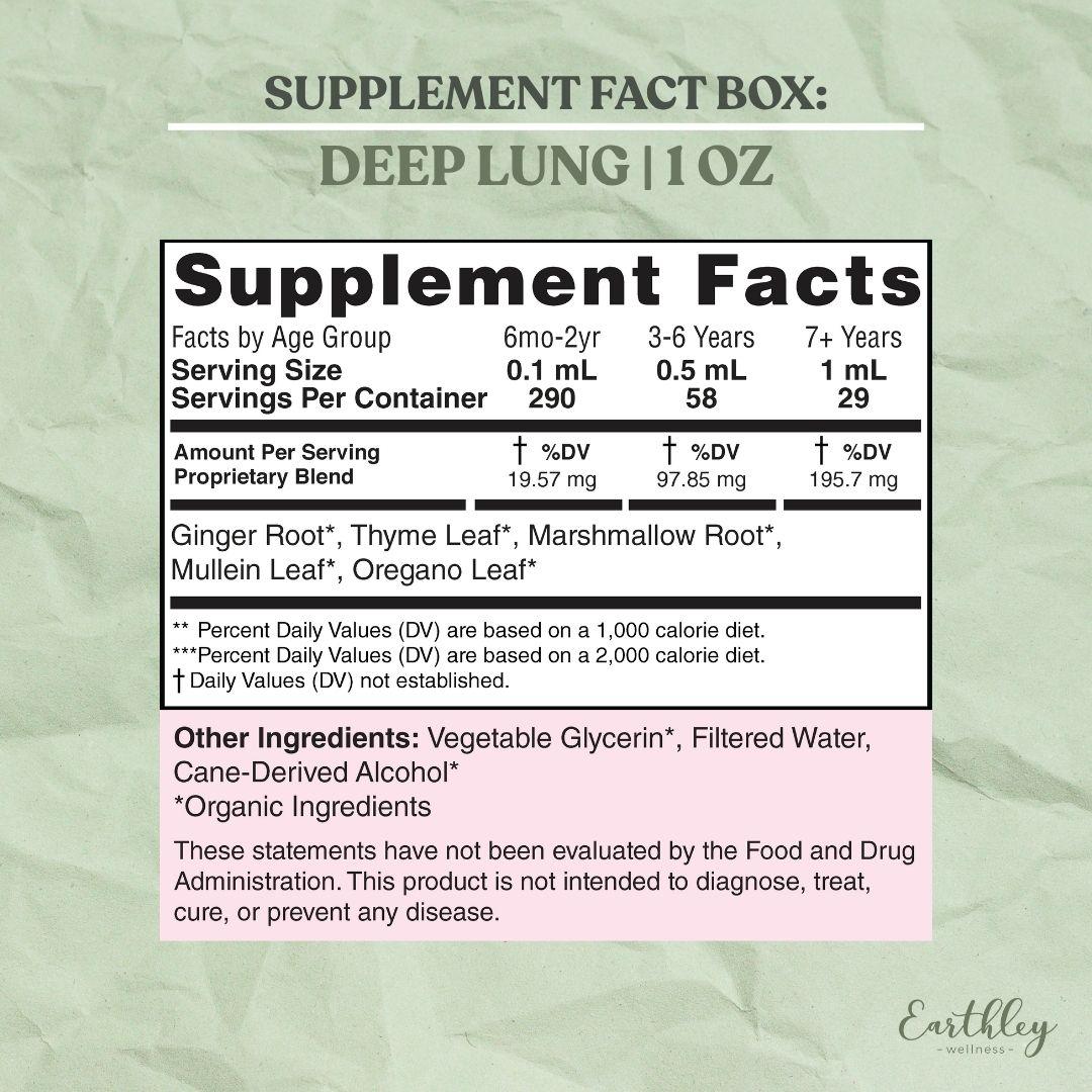 Supplement Facts box for Earthley Deep Lung 1 oz showing age-based serving sizes from 6 months to 7+ years, proprietary blend of organic ginger root, thyme leaf, marshmallow root, mullein leaf, and oregano leaf with FDA disclaimer