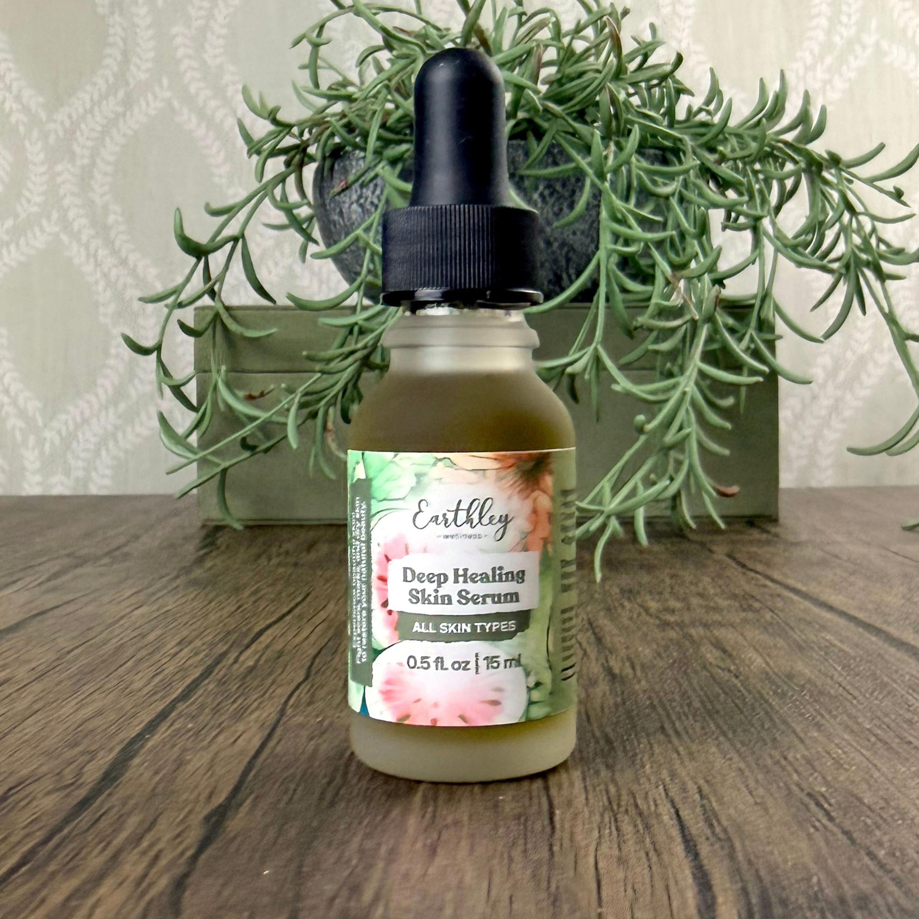 Earthley Deep Healing Skin Serum, 0.5 fl oz dropper bottle with floral label