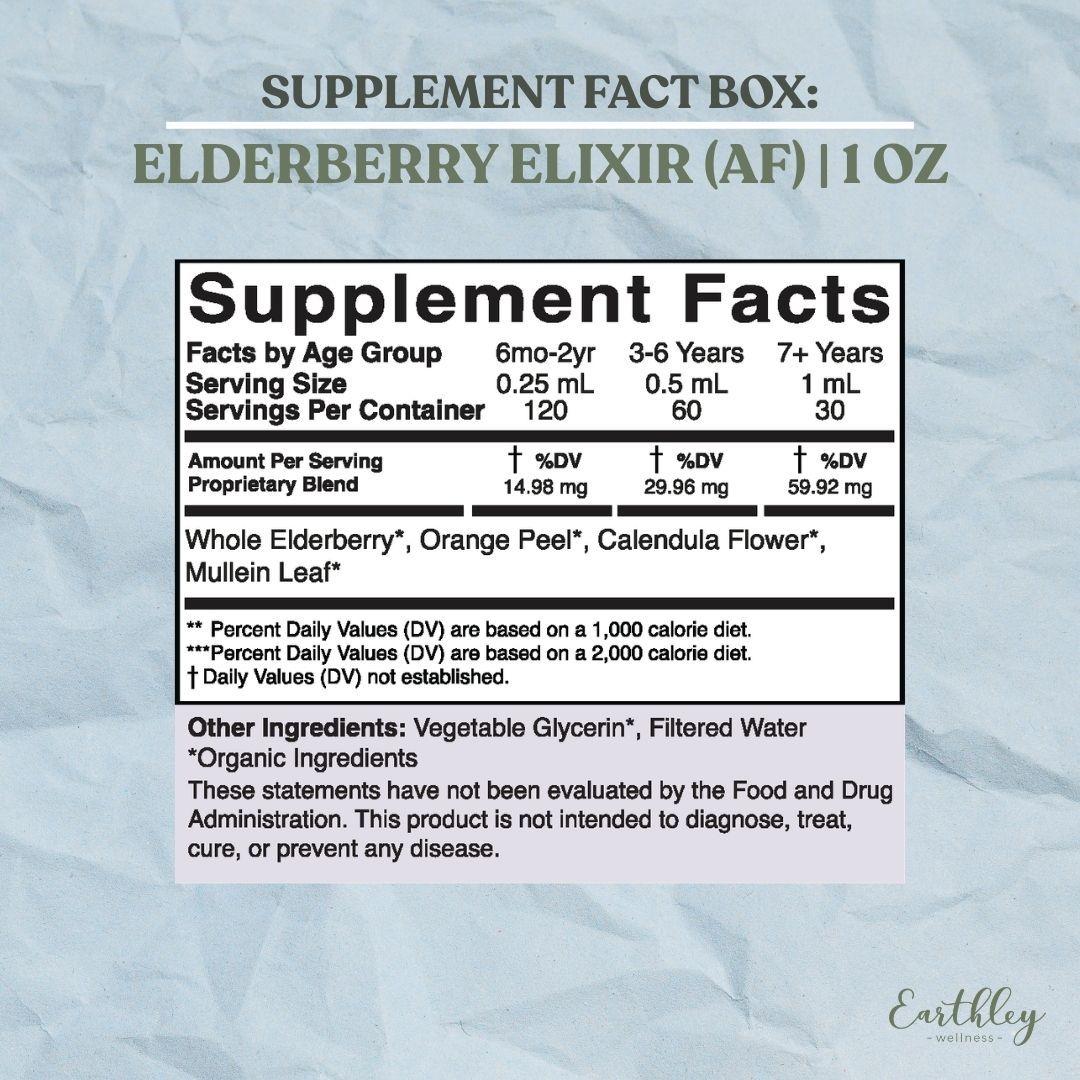 Elderberry Elixir AF supplement facts label showing age-based dosing and organic ingredients.