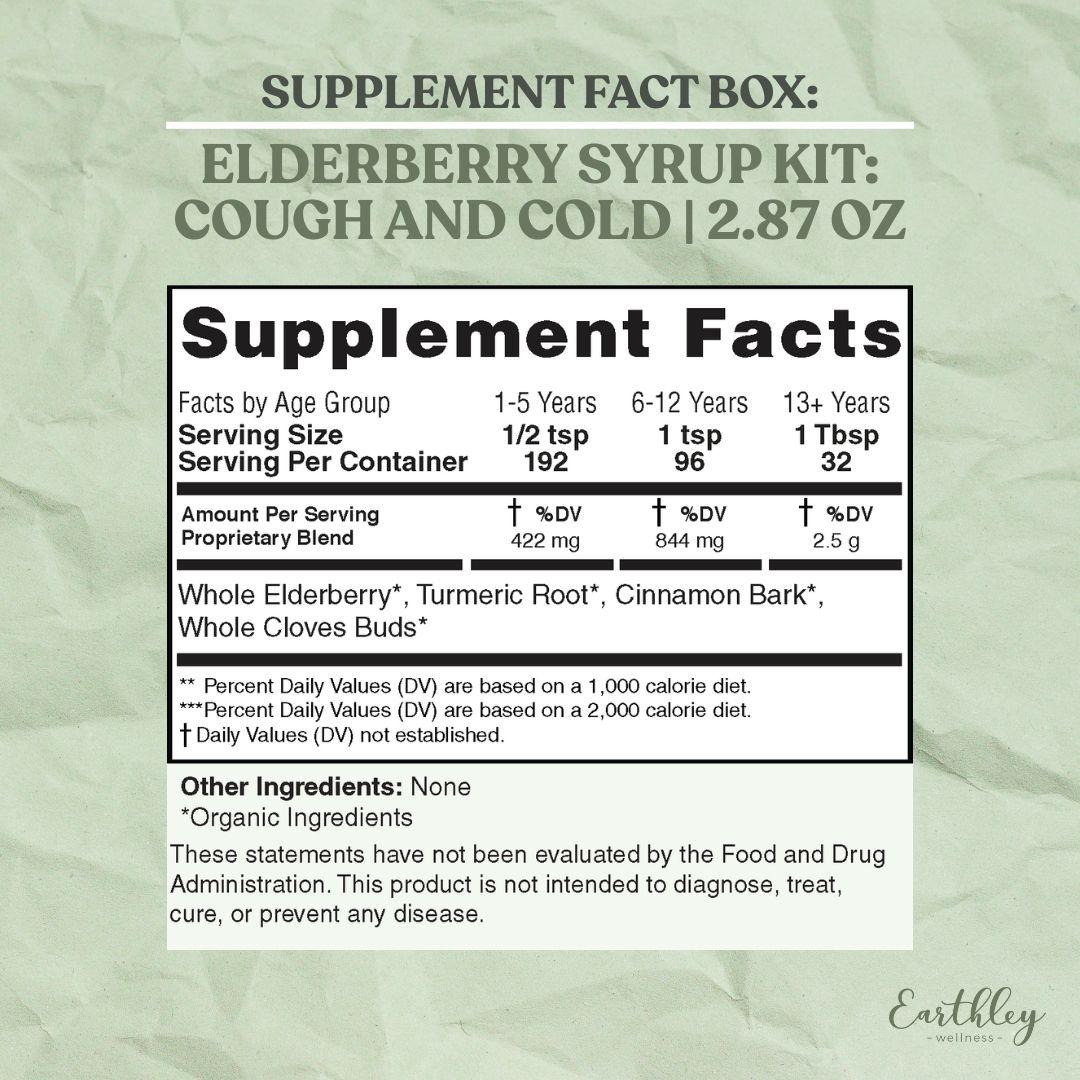 Supplement facts label for Elderberry Syrup Kit showing dosage by age group and organic herbal ingredients