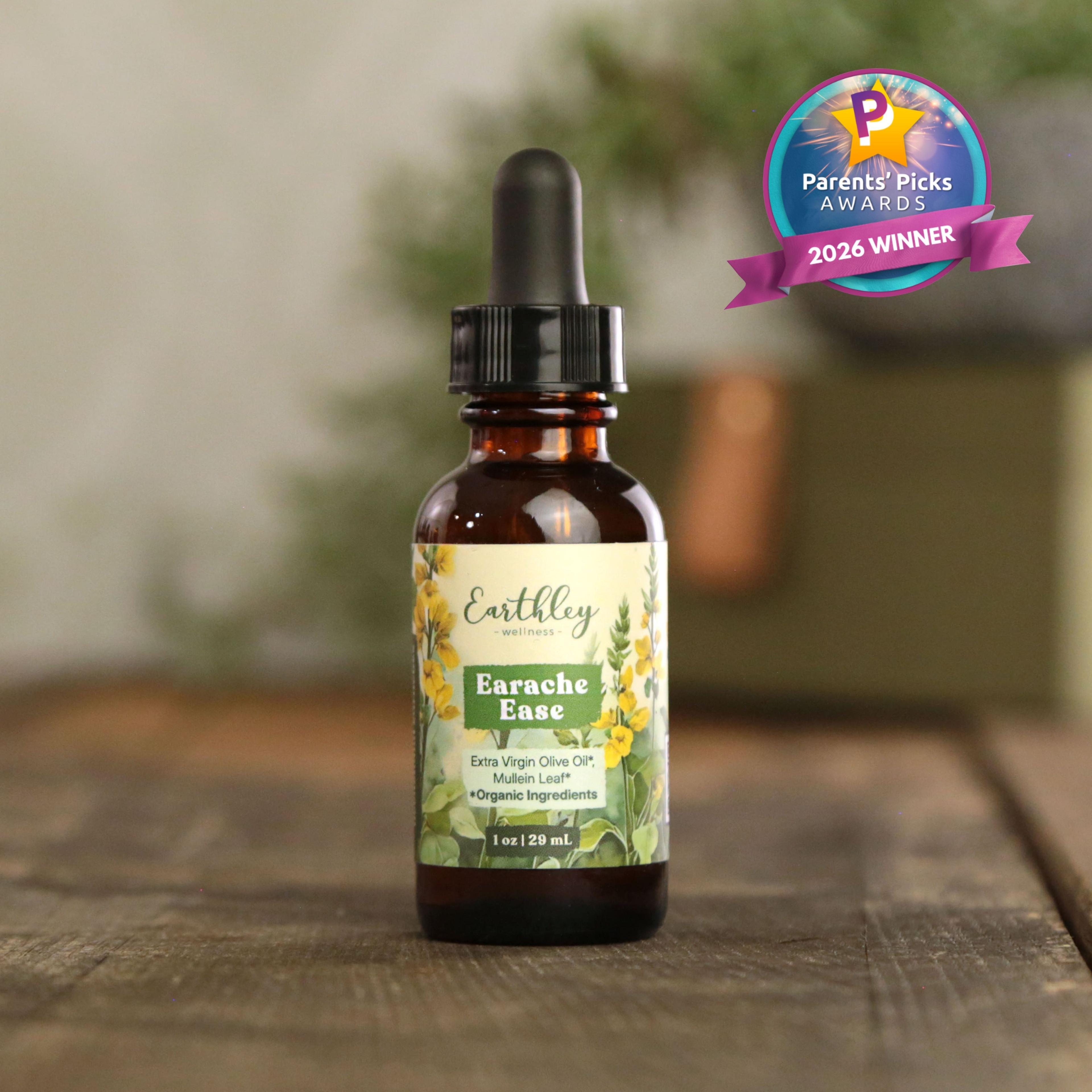 Earthley Wellness Earache Ease herbal tincture bottle with dropper, featuring Parents' Picks Awards 2026 Winner badge