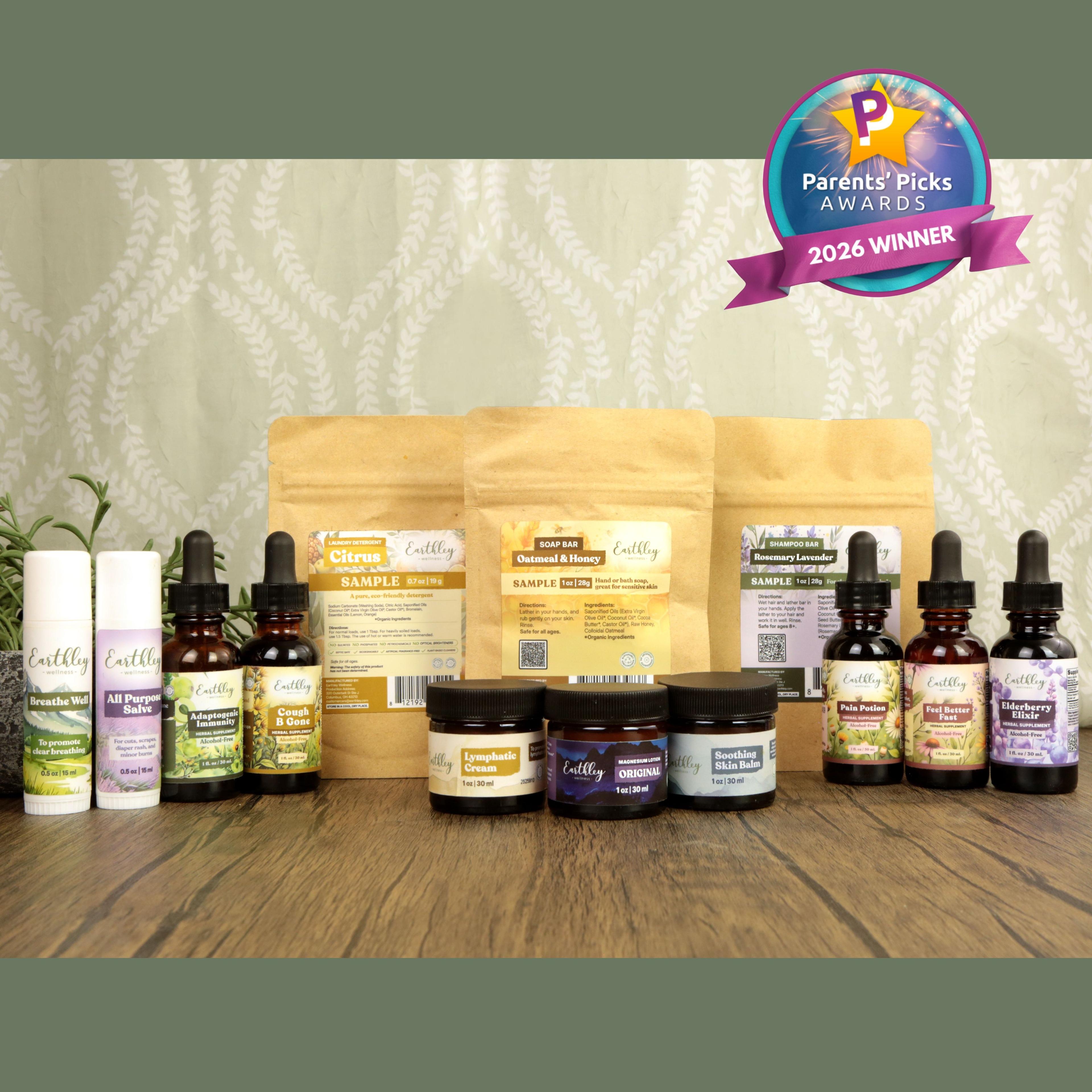 Earthley Wellness natural health product collection featuring tinctures, salves, and herbal remedies with Parents' Picks 2026 Winner award badge