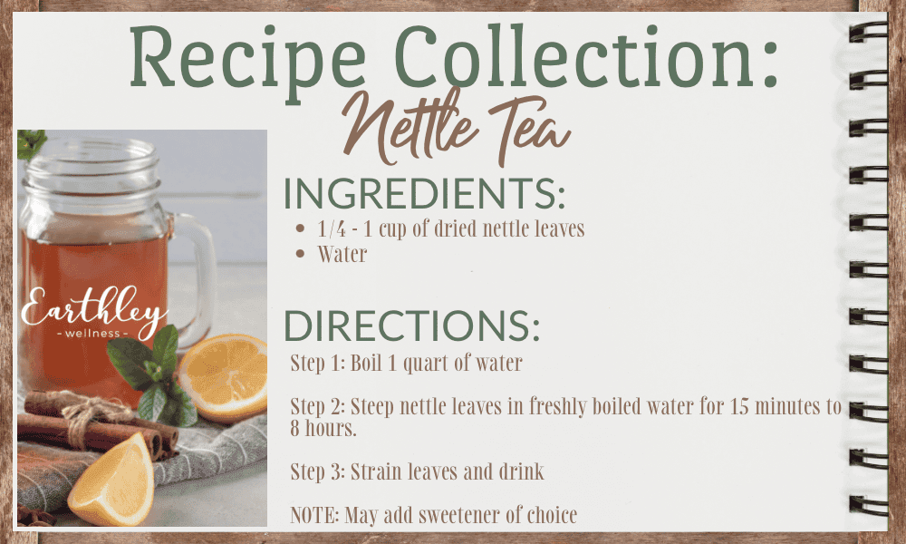 Recipe Collection Nettle Tea card showing ingredients directions and iced tea in mason jar with lemon