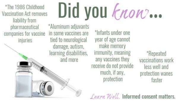 Earthley Learn Well Educate Before You Vaccinate information card front side with Did You Know heading and vaccine vial and syringe graphic listing facts about vaccination and informed consent