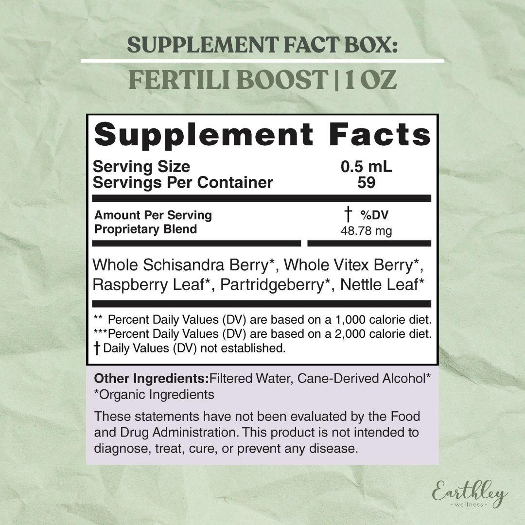 Fertili Boost 1oz supplement facts: 0.5mL serving, herbal blend with Vitex, Raspberry Leaf, Nettle