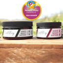 Earthley Good Night Lotion two 4oz jars with burgundy labels on wooden surface displaying Parents Picks Awards 2024 Winner badge