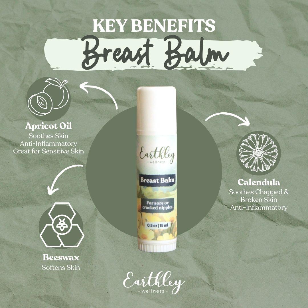 Earthley Breast Balm tube with key benefits infographic showing apricot oil, calendula, and beeswax ingredients for nursing mothers
