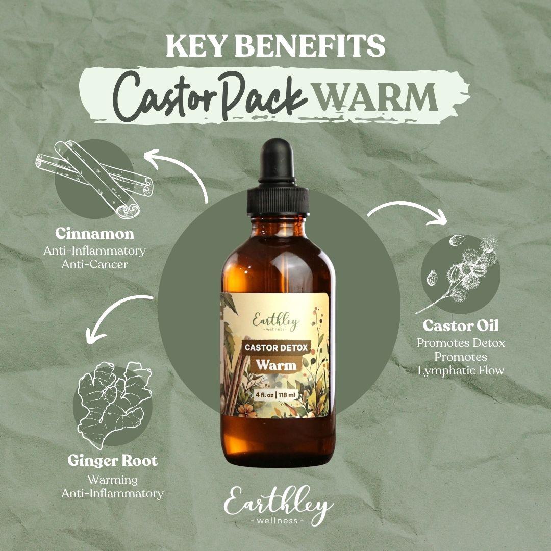 Earthley Castor Detox Warm tincture bottle with key benefits: cinnamon, ginger root, and castor oil for detox support