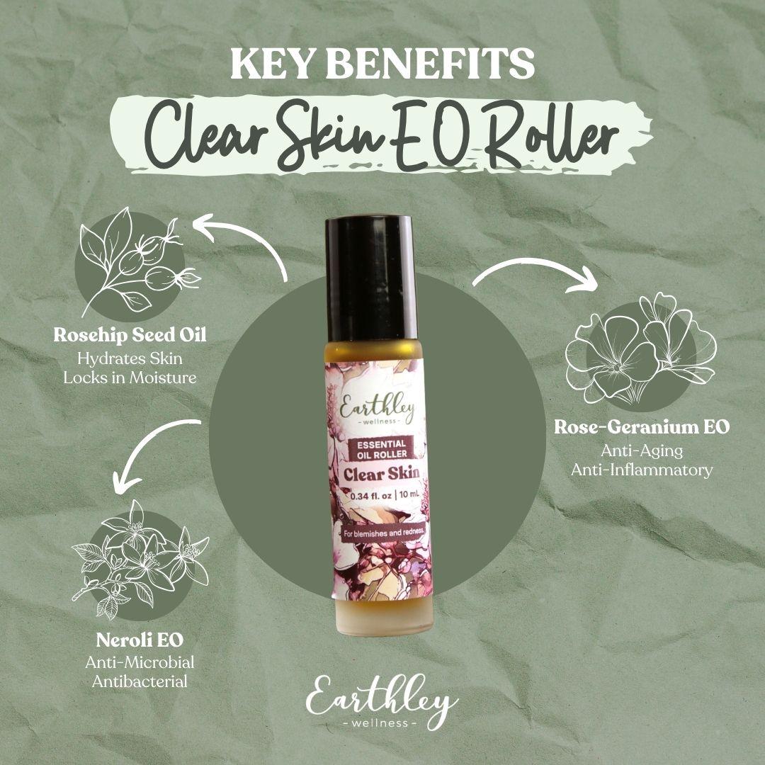 Clear Skin Essential Oil Roller with key benefits: rosehip seed oil, rose-geranium EO, and neroli EO for healthy skin