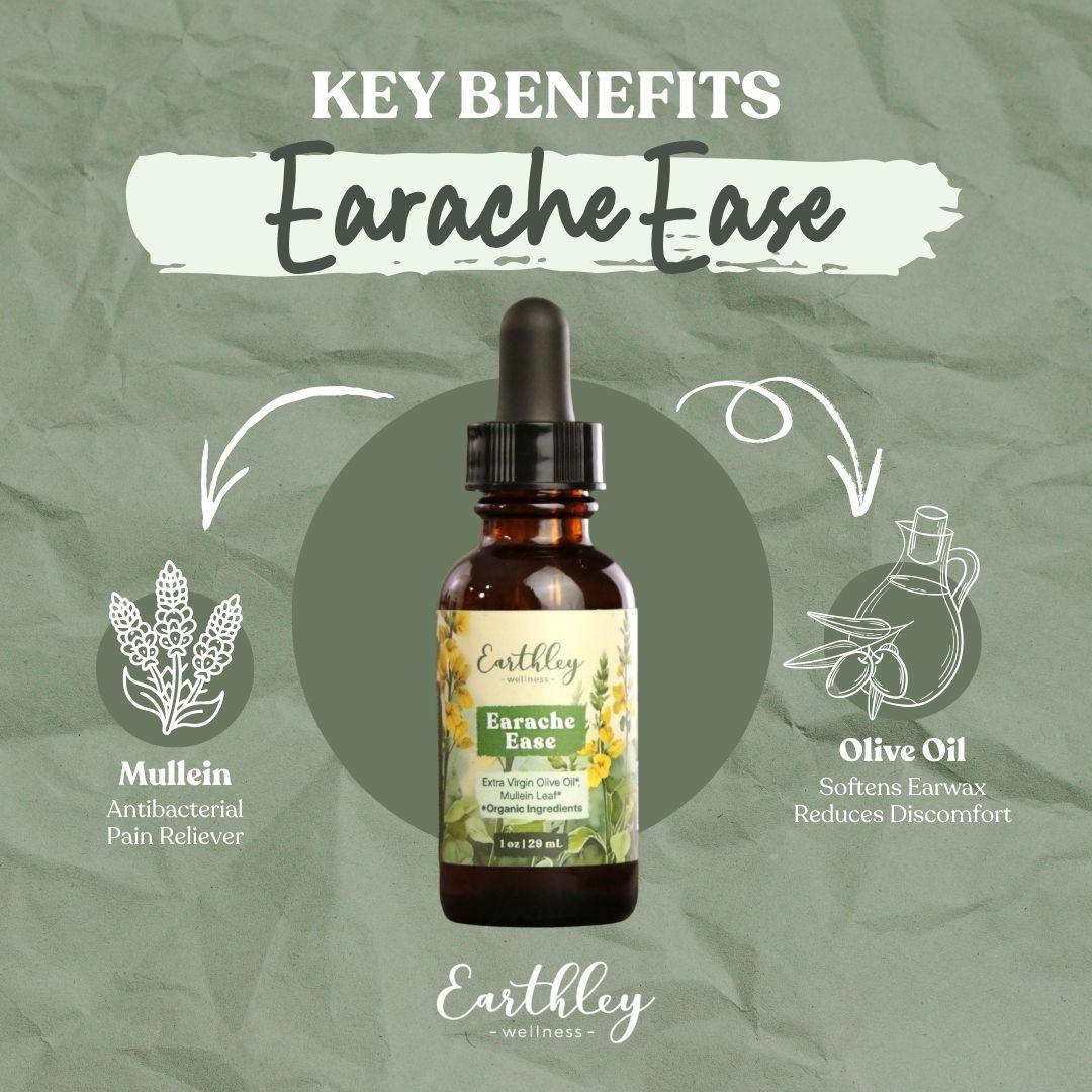 Earthley Earache Ease tincture bottle with key benefits: mullein for antibacterial pain relief, olive oil softens earwax