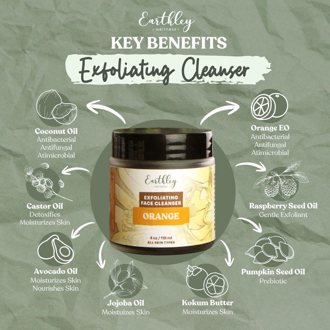 Earthley Exfoliating Face Cleanser jar surrounded by ingredient icons showing key benefits like coconut oil, orange EO, and castor oil