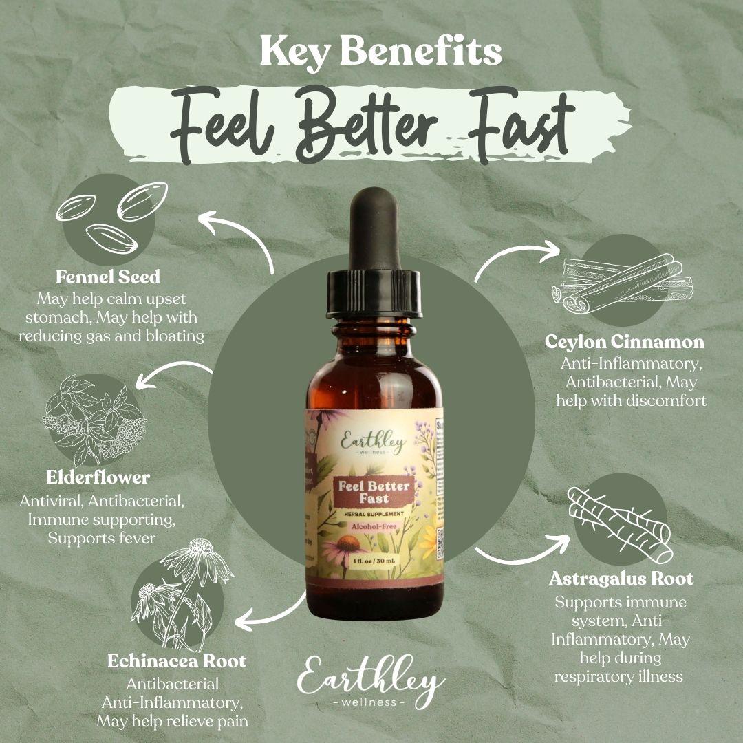 Feel Better Fast herbal tincture bottle surrounded by ingredient illustrations showing fennel seed, elderflower, echinacea root, Ceylon cinnamon, a...