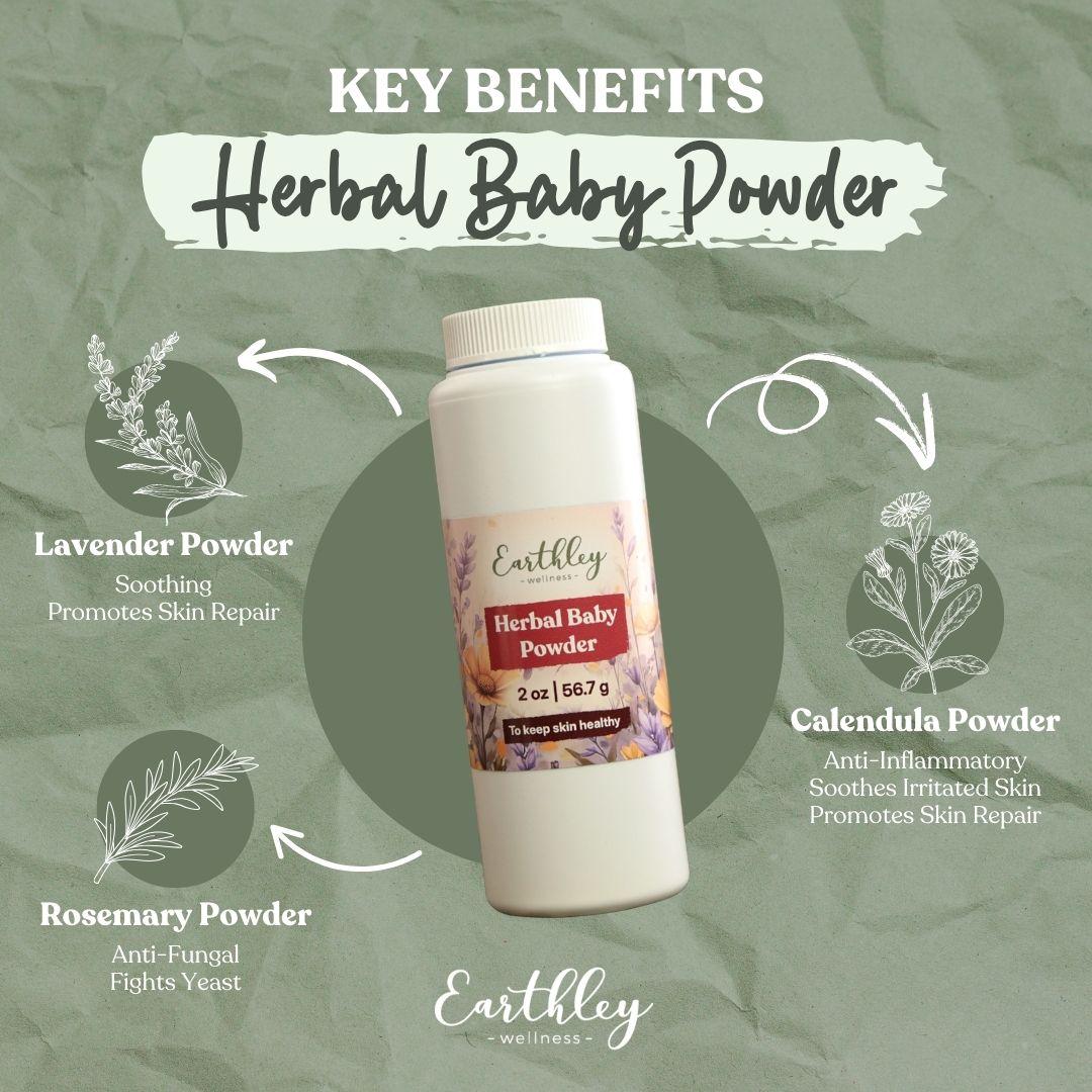 Earthley Herbal Baby Powder bottle with key benefits infographic showing lavender, calendula, and rosemary ingredients