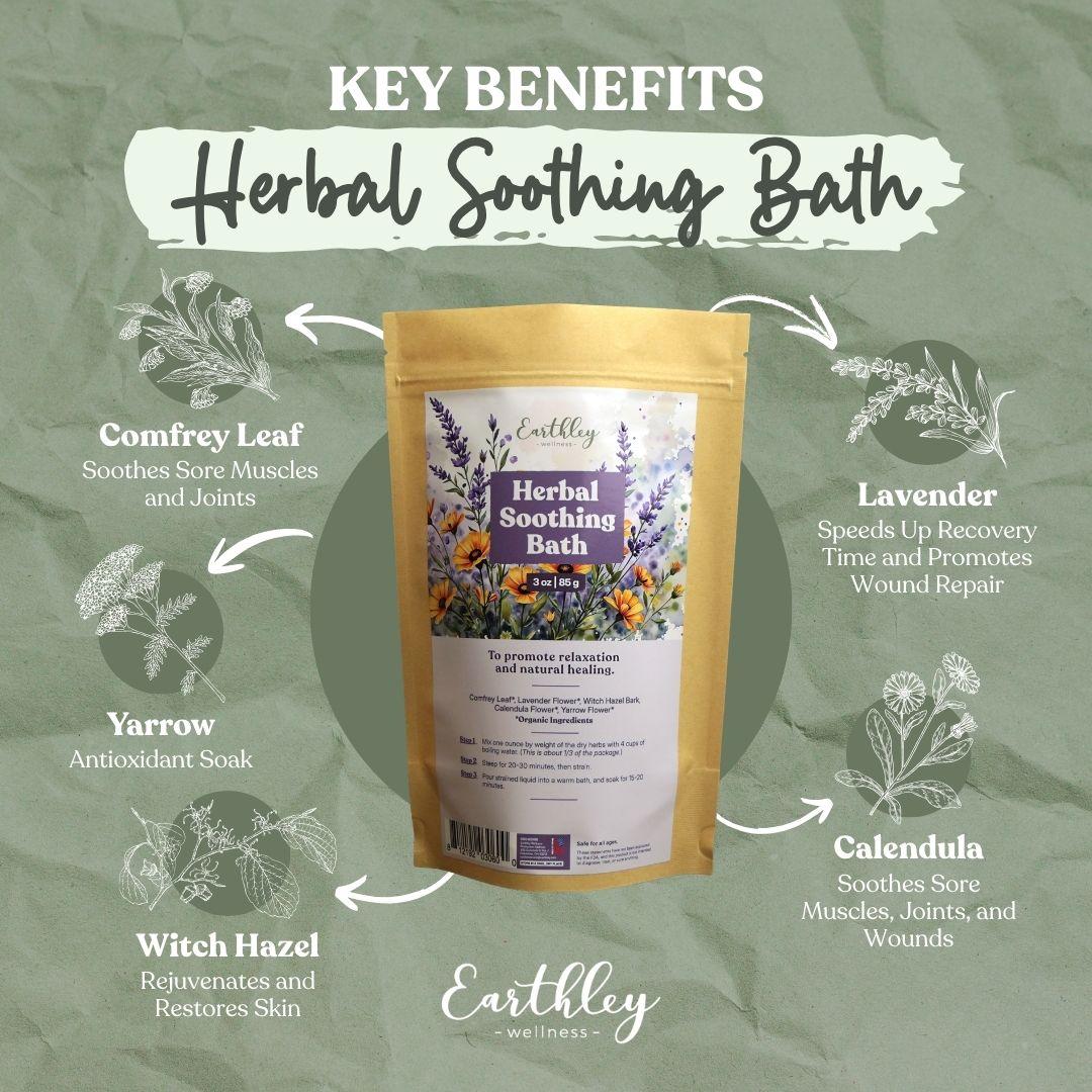 Earthley Herbal Soothing Bath package surrounded by botanical illustrations showing key benefits of comfrey, lavender, yarrow, witch hazel, and cal...