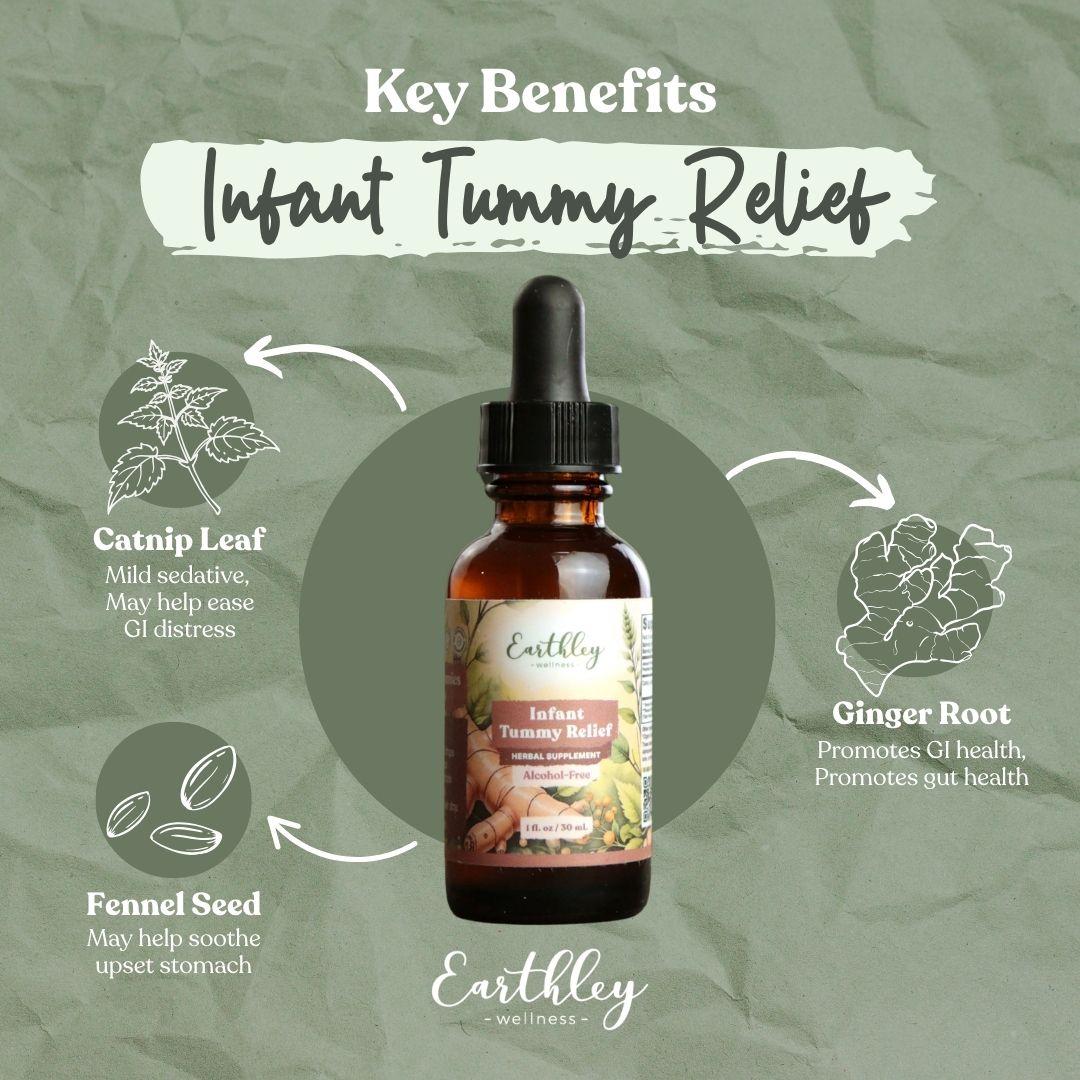 Earthley Infant Tummy Relief tincture bottle with key benefits: catnip leaf, fennel seed, and ginger root for digestive support