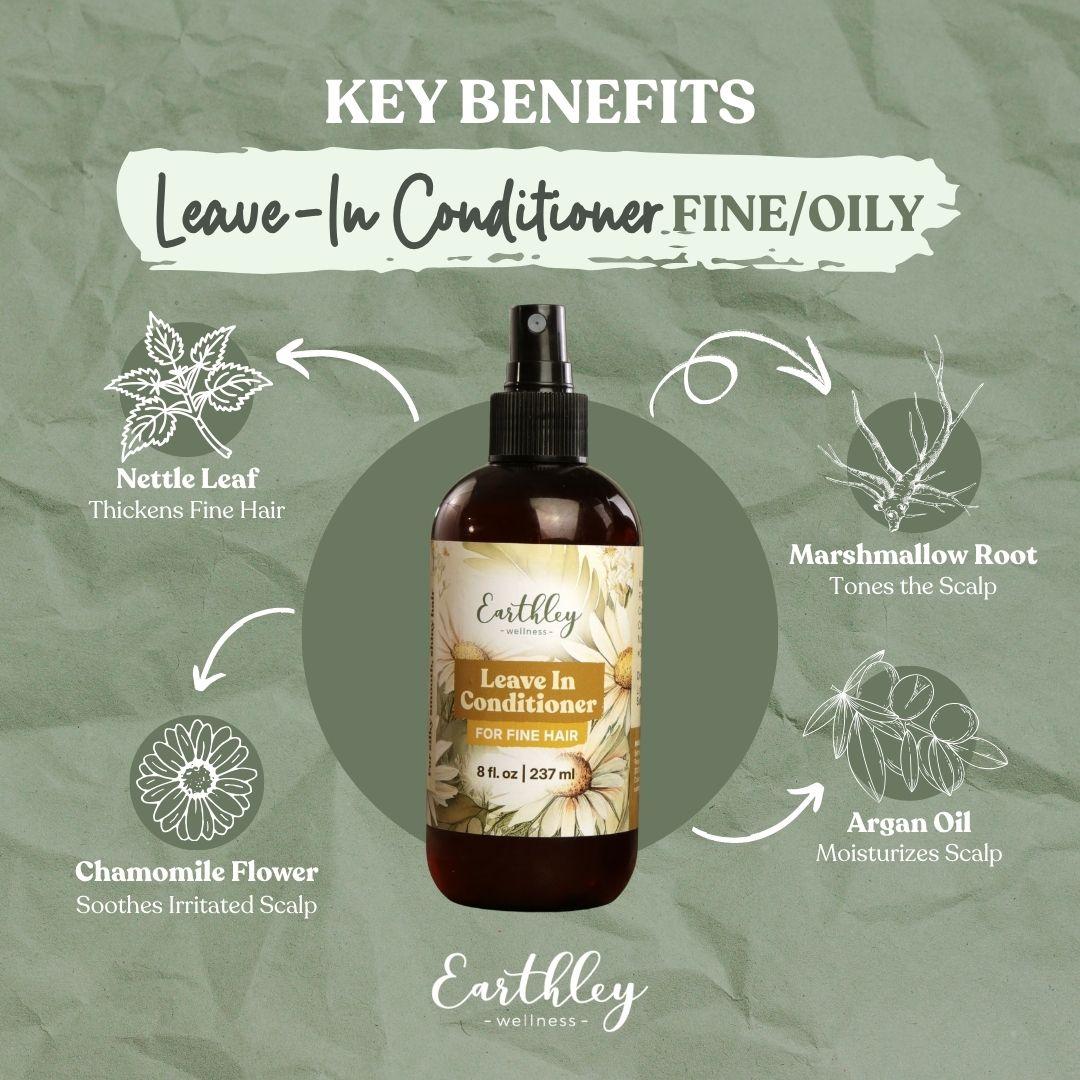 Earthley Leave-In Conditioner bottle surrounded by key ingredient illustrations: nettle leaf, chamomile flower, marshmallow root, and argan oil wit...