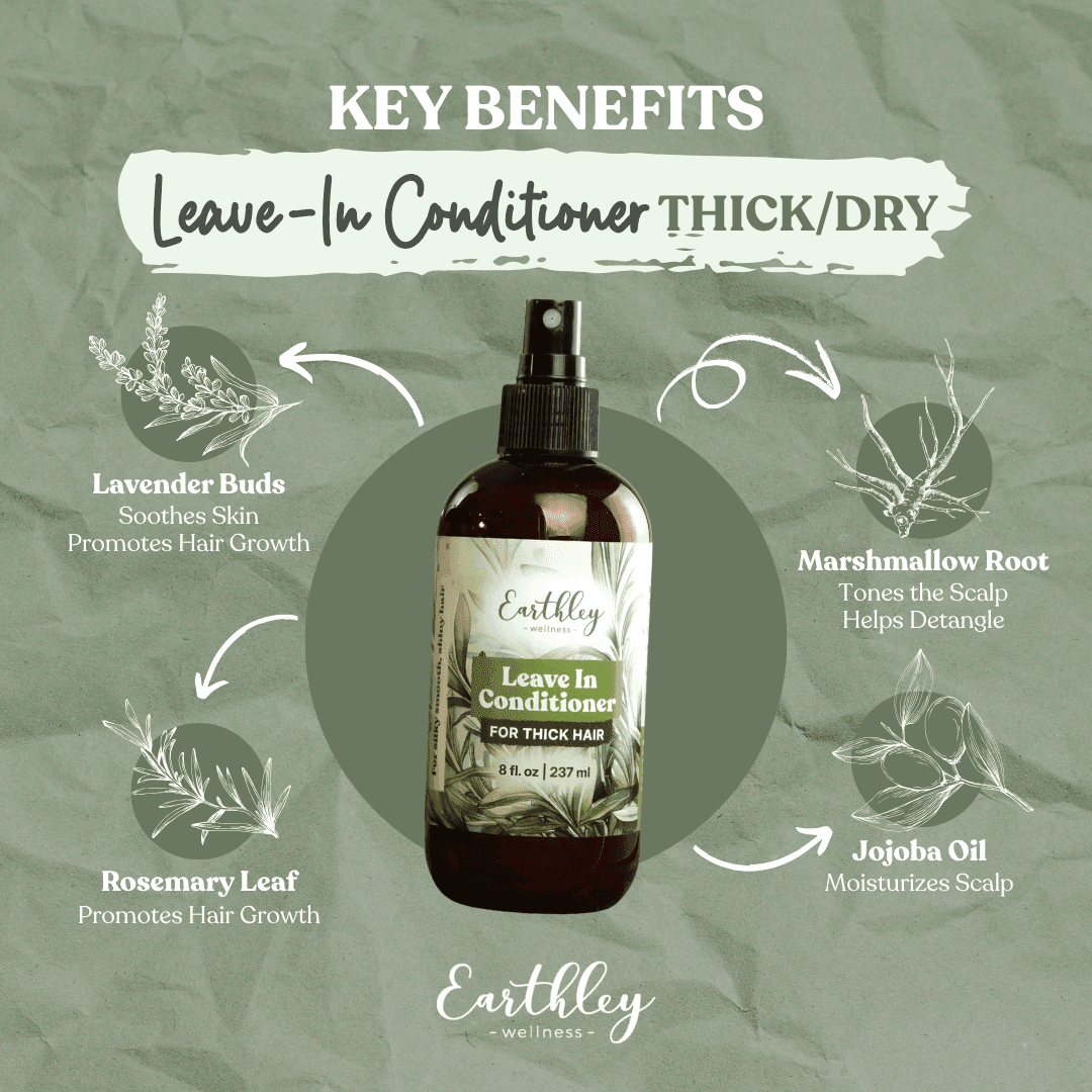 Earthley Leave-In Conditioner for thick hair with key ingredients: lavender, rosemary, marshmallow root, jojoba oil.