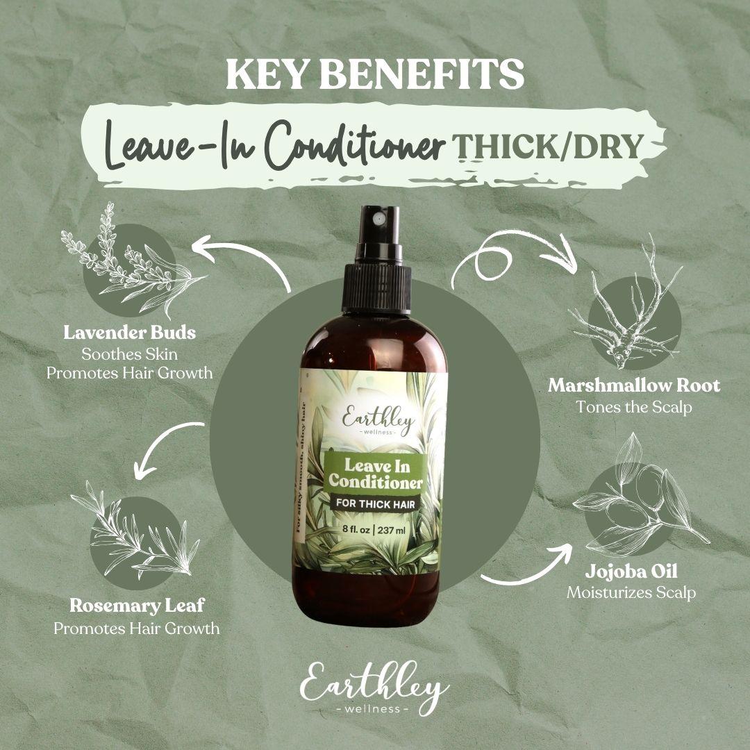 Earthley Leave-In Conditioner bottle surrounded by botanical illustrations showing key benefits: lavender, rosemary, marshmallow root, and jojoba oil