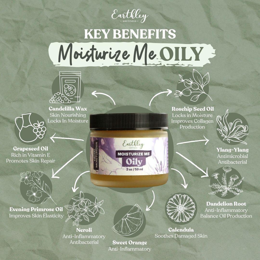 Moisturize Me Oily skincare jar surrounded by ingredient benefits including candelilla wax, rosehip oil, and ylang-ylang