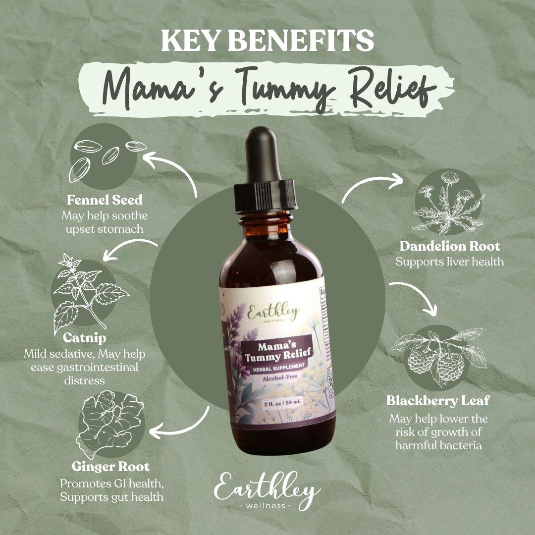 Mama's Tummy Relief herbal tincture bottle surrounded by ingredient benefits: fennel seed, catnip, ginger root, dandelion root, blackberry leaf
