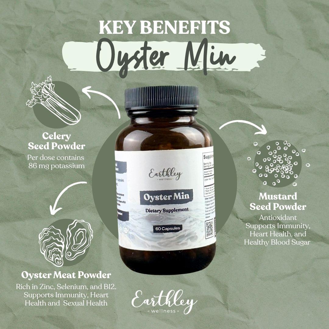 Earthley Oyster Min supplement bottle with key benefits: celery seed, mustard seed, and oyster meat powder.
