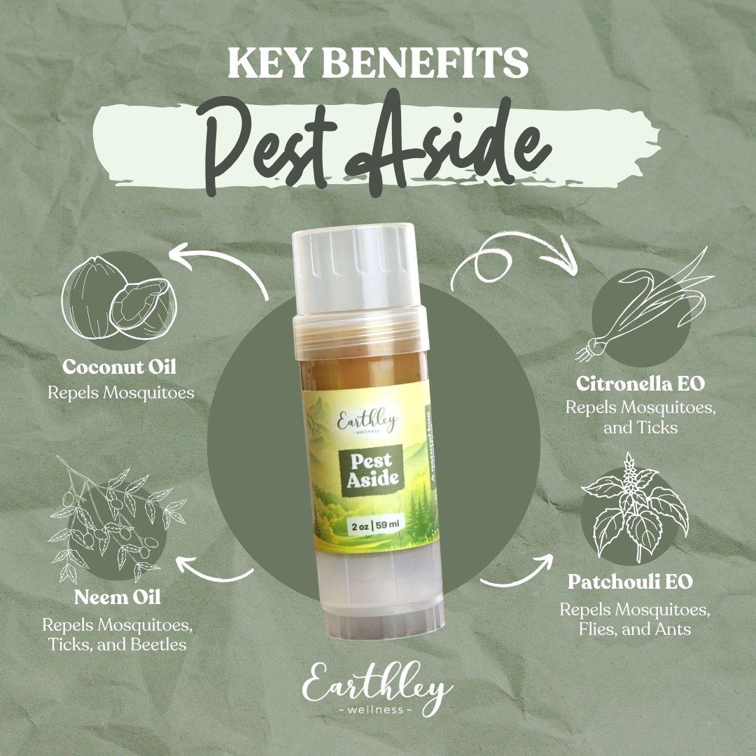 Pest Aside natural insect repellent bottle surrounded by key benefits: coconut oil, neem oil, citronella EO, and patchouli EO