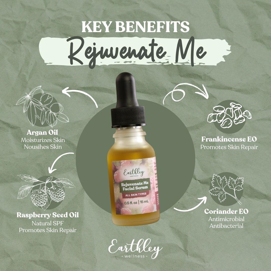 Rejuvenate Me facial serum bottle with key benefits infographic showing argan oil, raspberry seed oil, frankincense and coriander essential oils