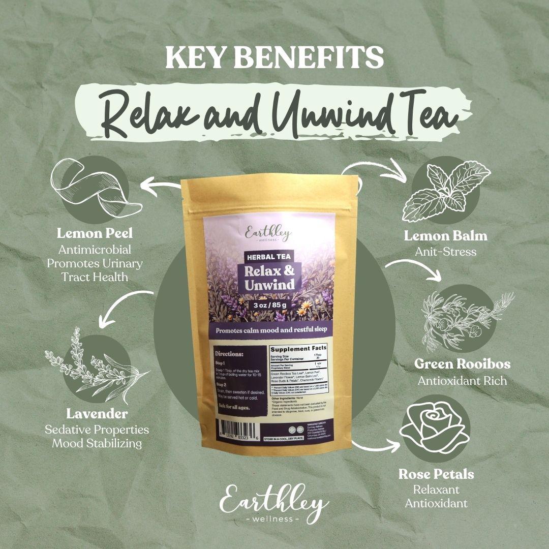 Earthley Relax and Unwind Tea package surrounded by ingredient benefits: lemon peel, lavender, lemon balm, green rooibos, rose petals
