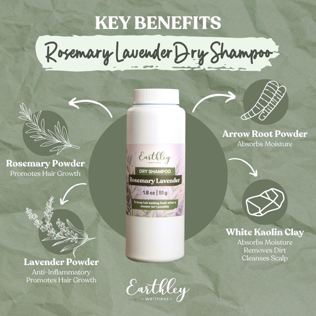 Earthley Rosemary Lavender Dry Shampoo bottle with key benefits infographic showing natural ingredients and their properties