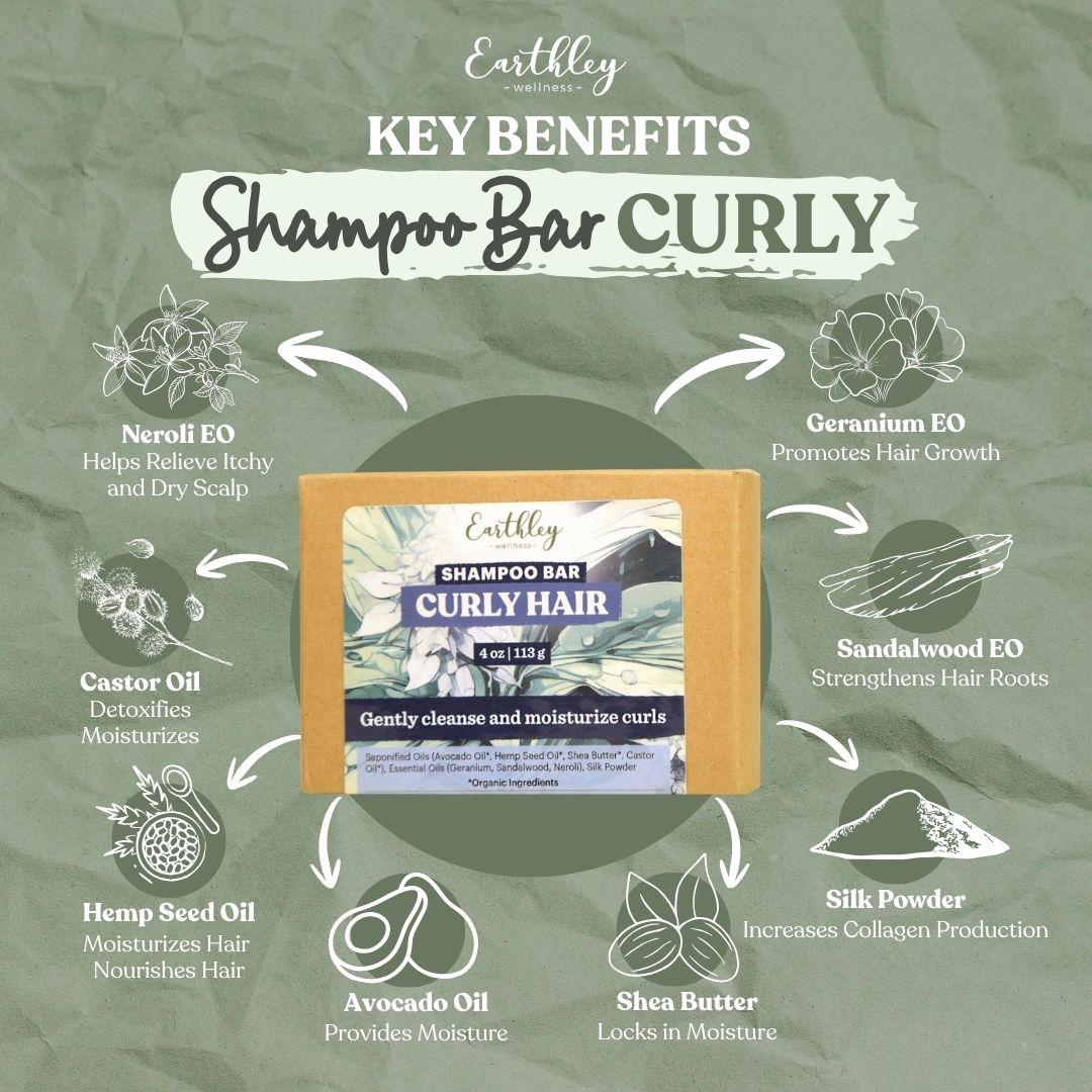 Earthley Curly Hair Shampoo Bar benefits infographic showing key ingredients like neroli, geranium, castor oil, and shea butter